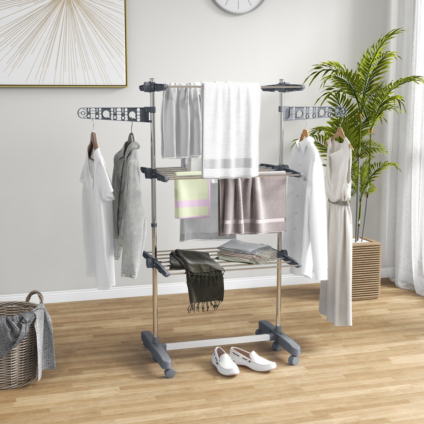 Stainless Steel 3-Tier Collapsible Clothes Drying Rack with Wheels, Grey Bath Accessories   at Gallery Canada