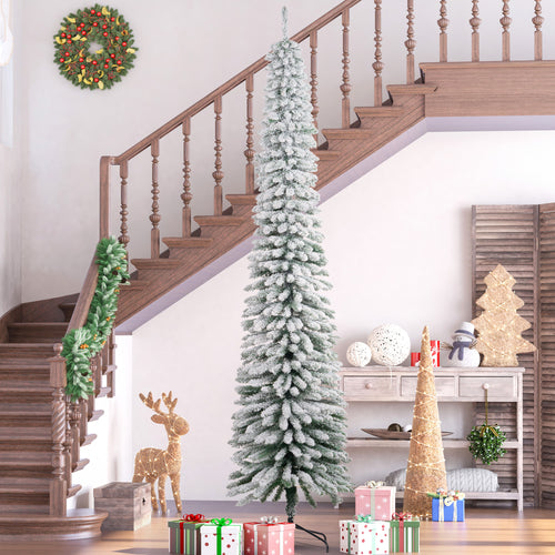 9ft Snow-Flocked Artificial Christmas Tree, Slim Pencil Xmas Tree with 714 Realistic Branches, Metal Base, Green