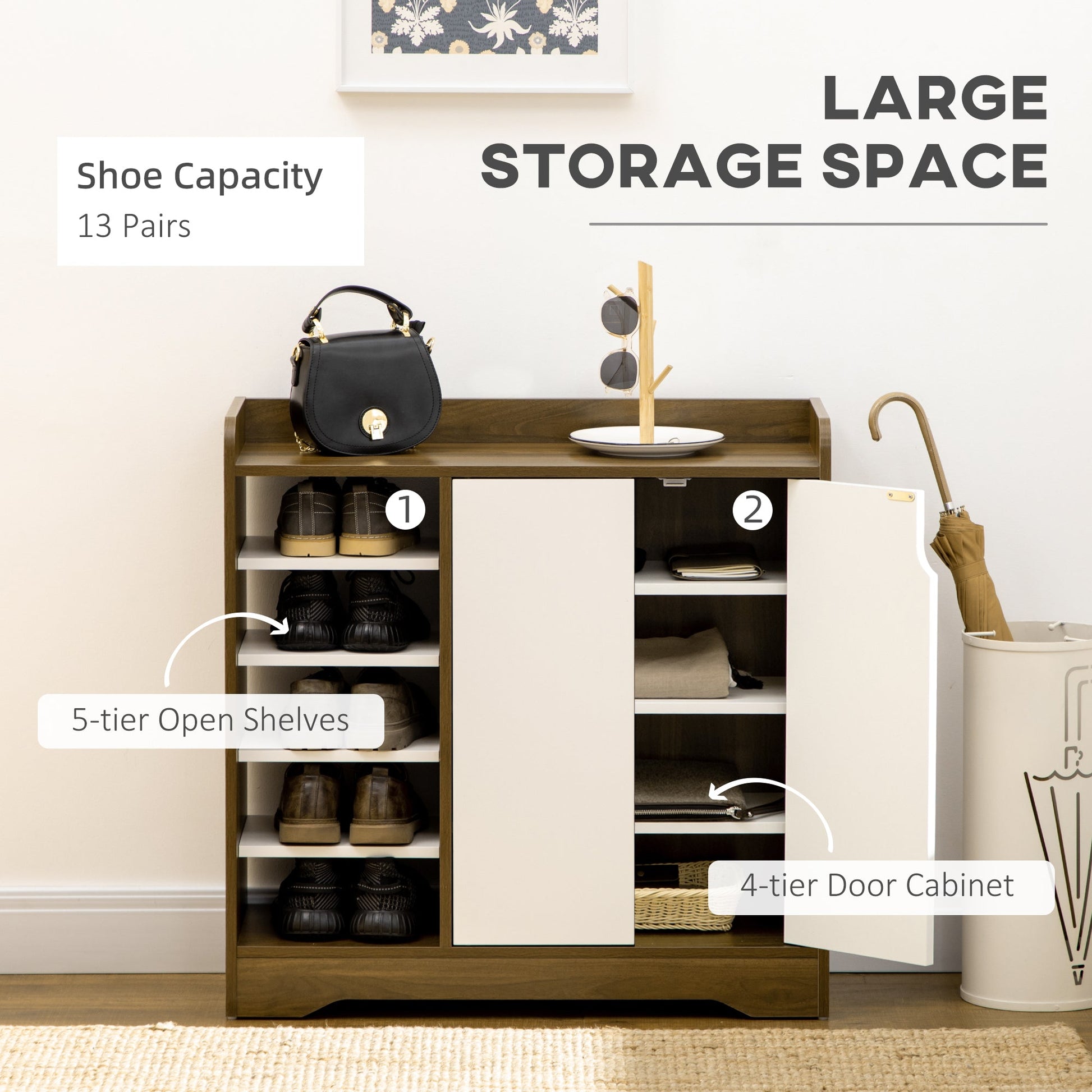 Shoe Storage with Double Doors and Open Shelves 13 Pair Shoe Storage Organizer for Entryway Hallway Brown and White Shoe Storage Cabinets & Racks   at Gallery Canada