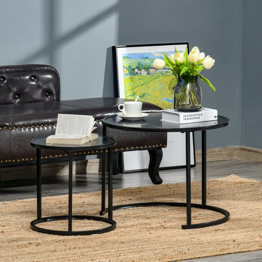 Round Nesting Coffee Table Set of 2, Stacking Modern Accent Tables with Faux Marble Tabletop and Metal Frame for Living Room, Black Coffee Tables Black  at Gallery Canada