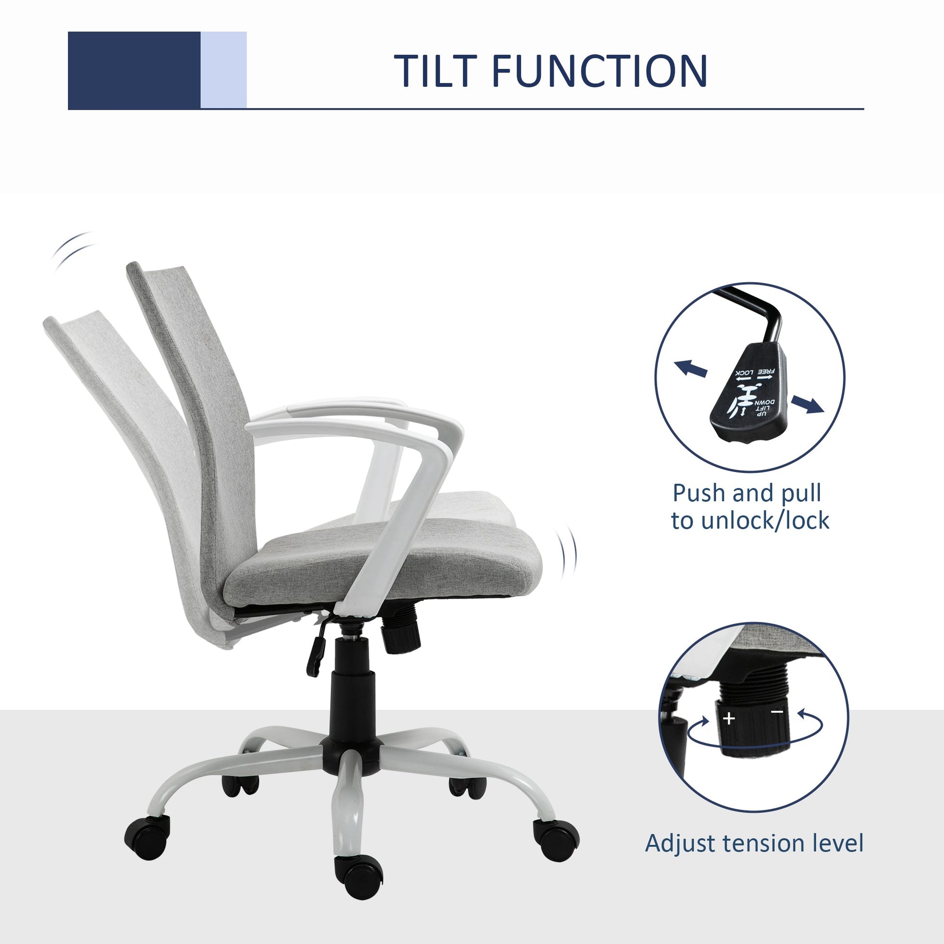 Mid Back Office Chair Linen Swivel Computer Study Chair Desk Chair with Wheels, Arm, Tilt Function, Light Grey Task Chairs   at Gallery Canada