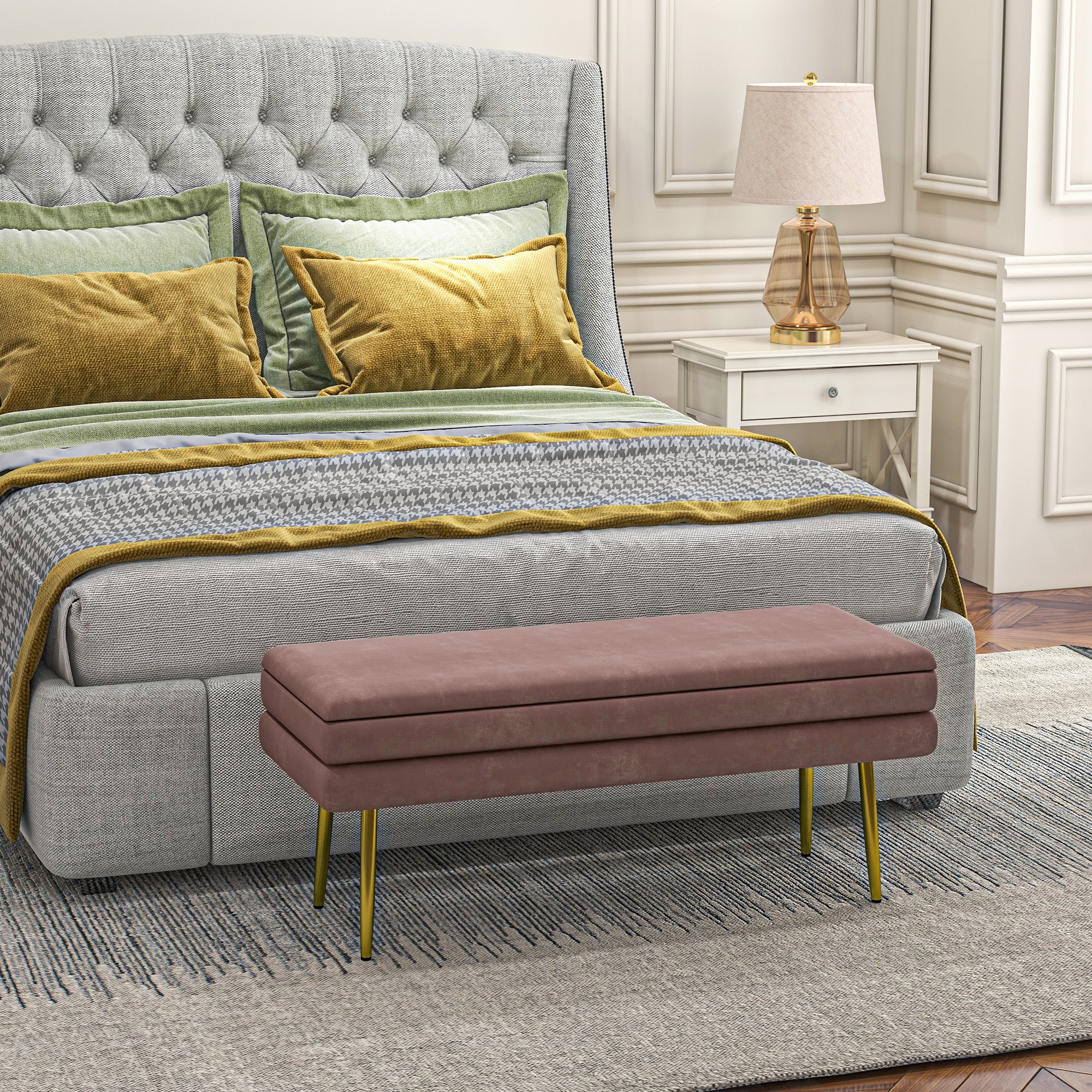 End of Bed Bench, Velvet-feel Upholstered Bench with Thick Padded Seat and Steel Legs, Modern Bedroom Bench, Pink Storage Ottomans & Benches   at Gallery Canada