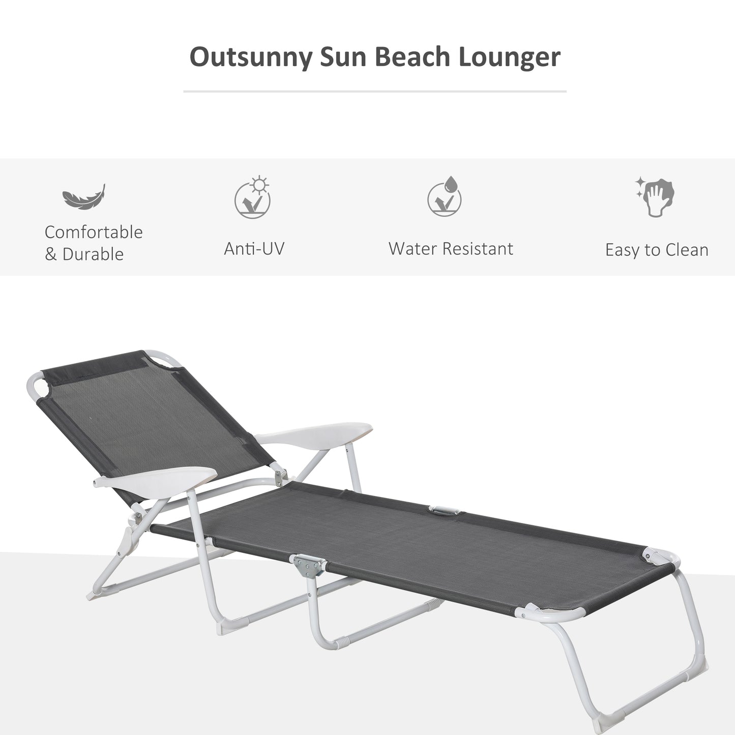 Outdoor Lounge Chair, Patio Garden Folding Chaise Lounge Sun Beach Reclining Tanning Chair with 4-Level Adjustable Backrest, Dark Grey Lounger Chairs   at Gallery Canada