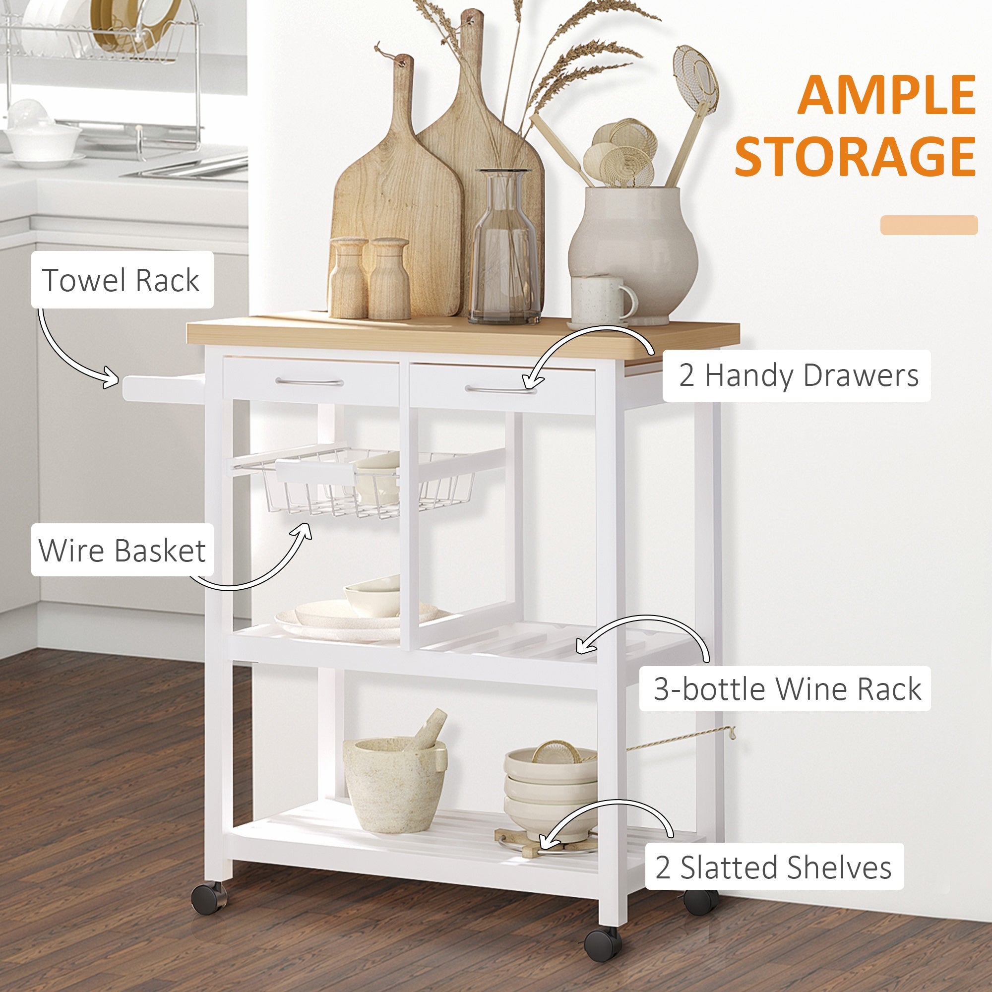 Wooden Rolling Kitchen Trolley Wood Top Island Storage Serving Cart Included Wine Rack with Drawers White Kitchen Islands & Kitchen Carts   at Gallery Canada