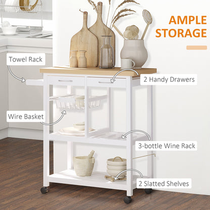 Wooden Rolling Kitchen Trolley Wood Top Island Storage Serving Cart Included Wine Rack with Drawers White Kitchen Islands & Kitchen Carts   at Gallery Canada