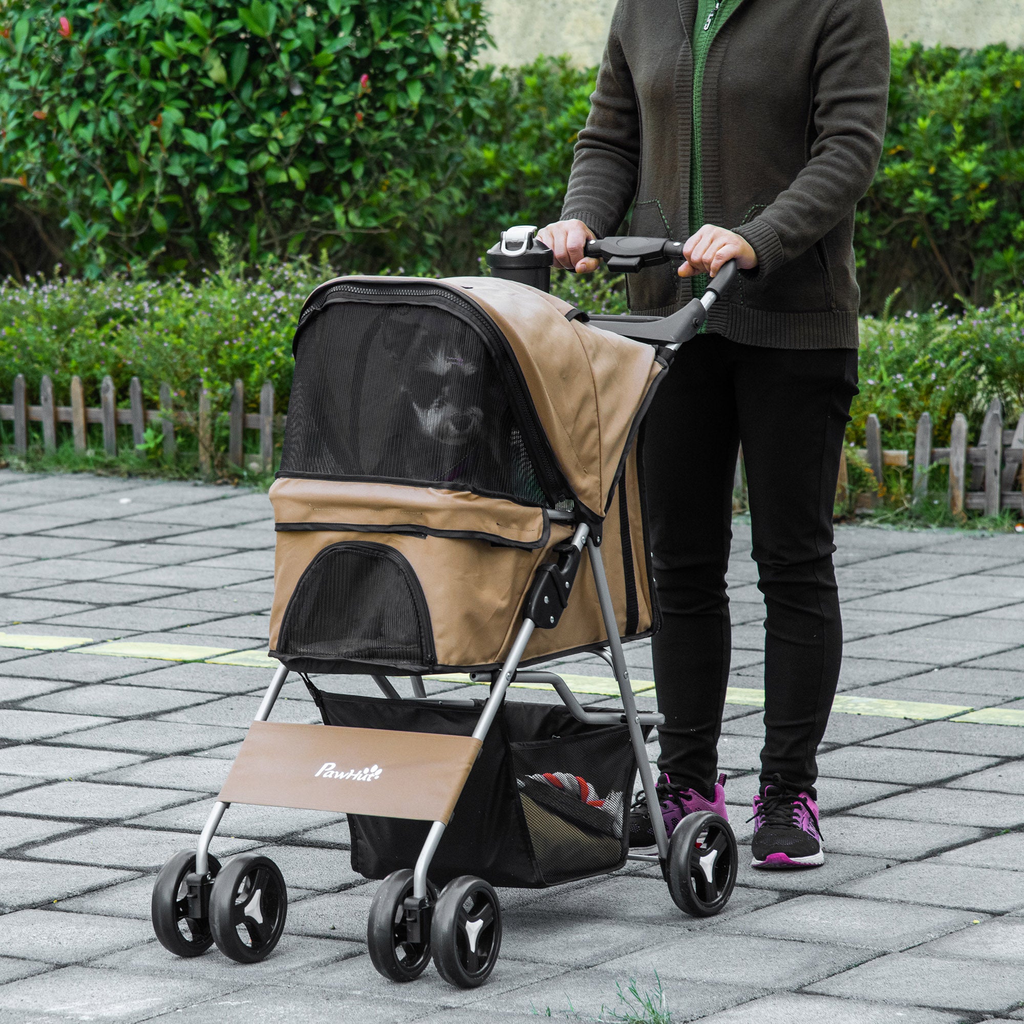 Pet Stroller Foldable Carrier for Cat, Dog and More 4 Wheels Travel Jogger with Cup Holder, Storage Basket, 360 ° swiveling front wheels, Easy Fold, Coffee Dog Bike Trailers & Strollers at Gallery Canada