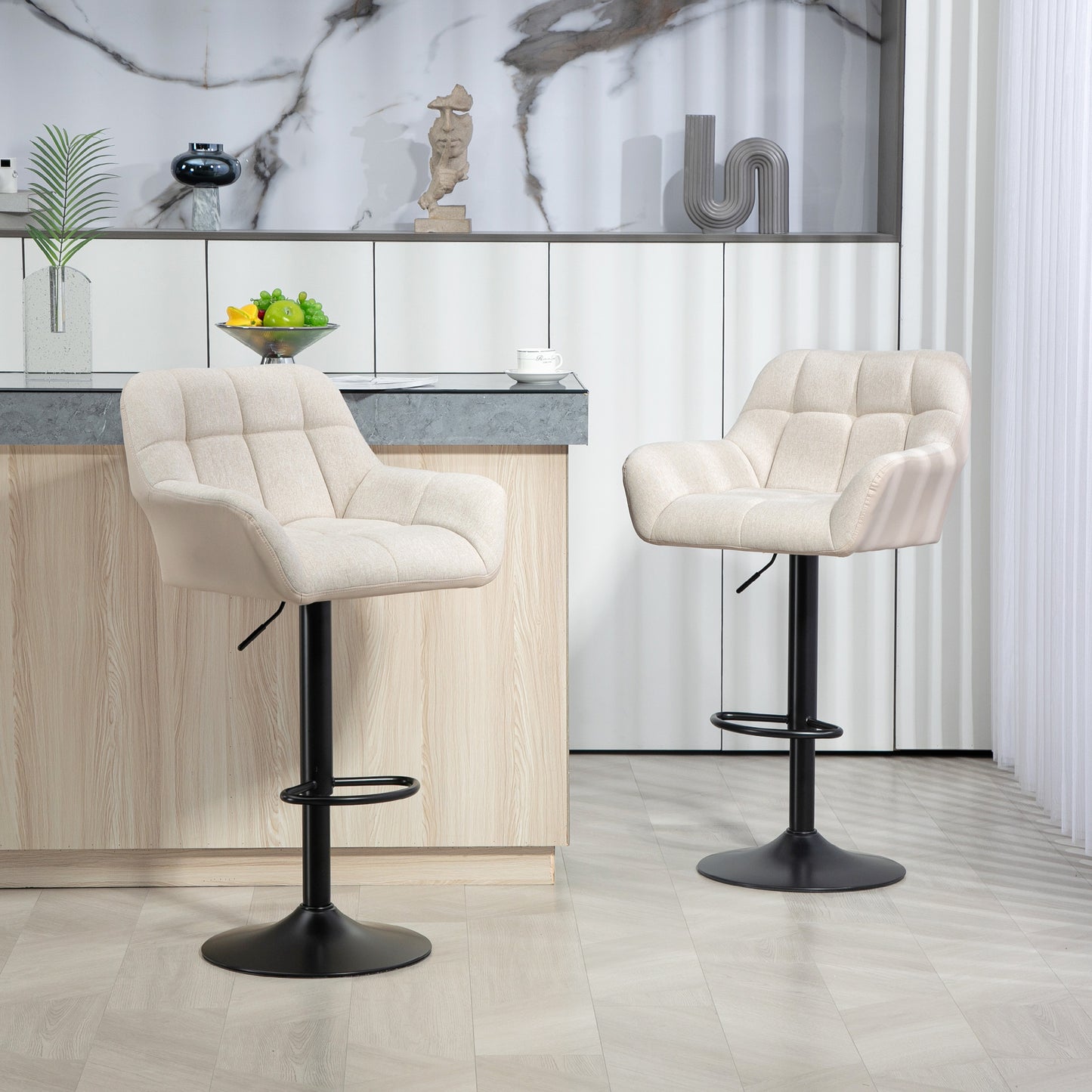 Swivel Barstools Set of 2 Adjustable Bar Stools with Footrest Armrests and PU Leather Back for Dining Room Cream White Bar Stools Cream  at Gallery Canada