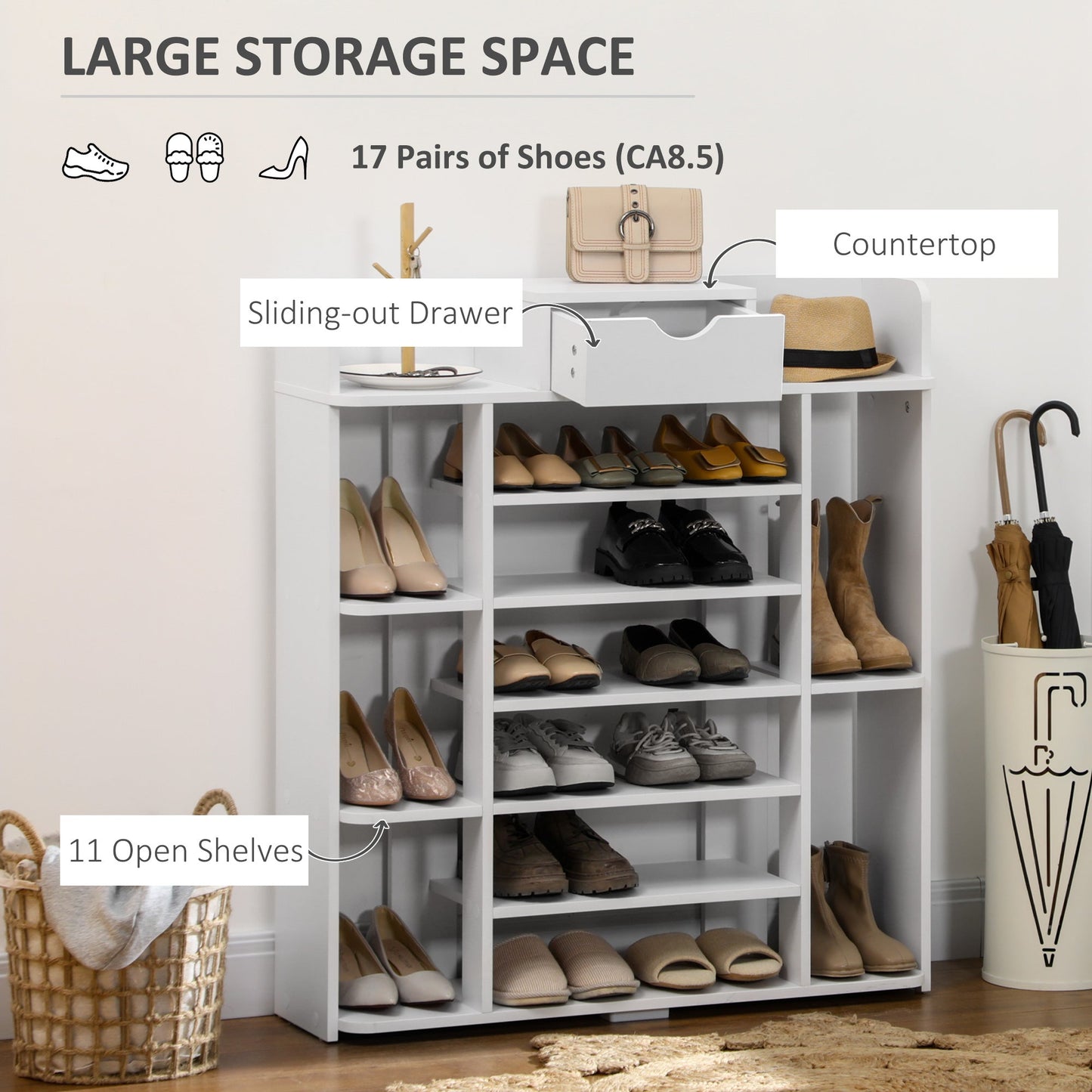 7-Tier Shoe Rack with Drawer, 11 Shelves for 17 Pairs, Space-Saving, White Shoe Storage Cabinets & Racks   at Gallery Canada