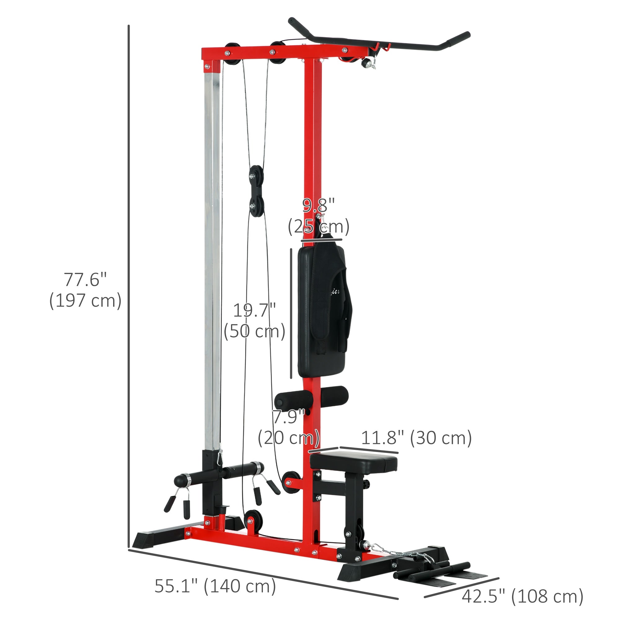 Lat Pull Down Machine, High / Low Pulley Machine with Adjustable Seat and Flip-Up Footplate, Red Power Towers   at Gallery Canada