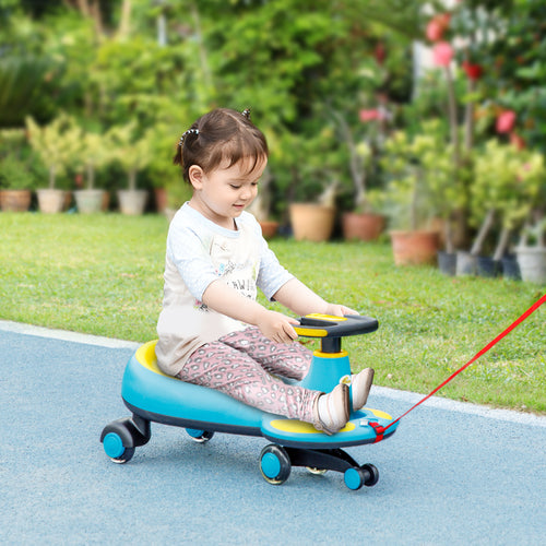 Kids Wiggle Car w/ Parent Traction Rope, Music, Light, Blue