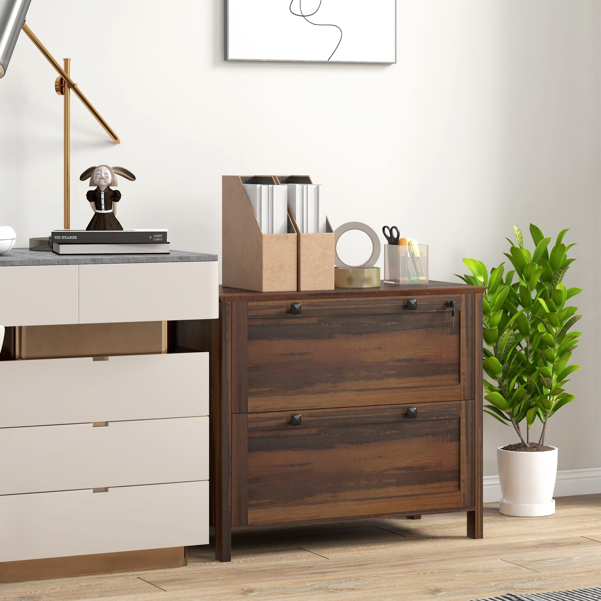 2 Drawer File Cabinet, Lockable Filing Cabinet with Adjustable Hanging Bar for Letter, A4 and Legal Size, Brown Office Cabinets & Cupboards at Gallery Canada
