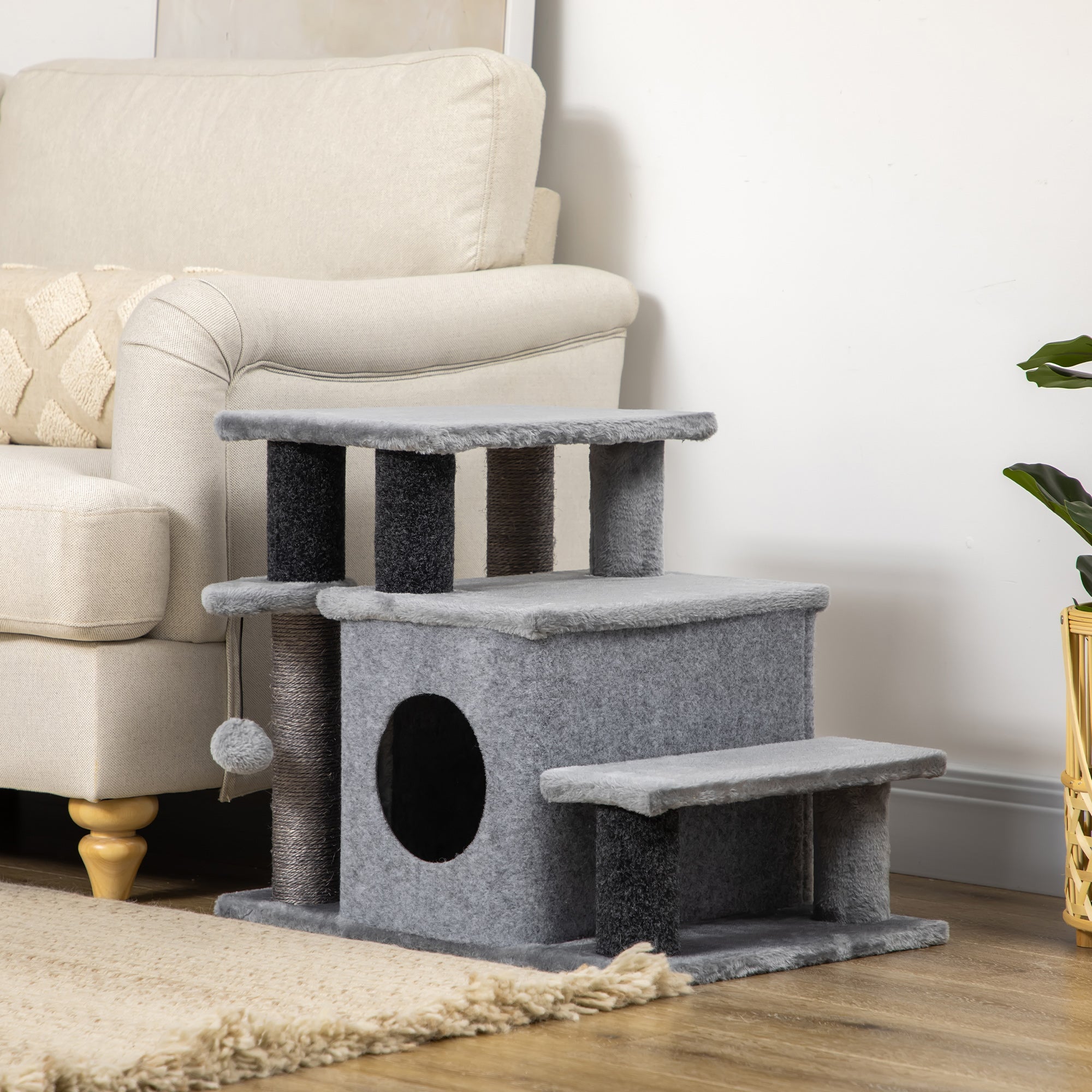 Cat Stairs Pet Steps for Couch Bed with Scratching Posts Condo Ball Toy, 23.6