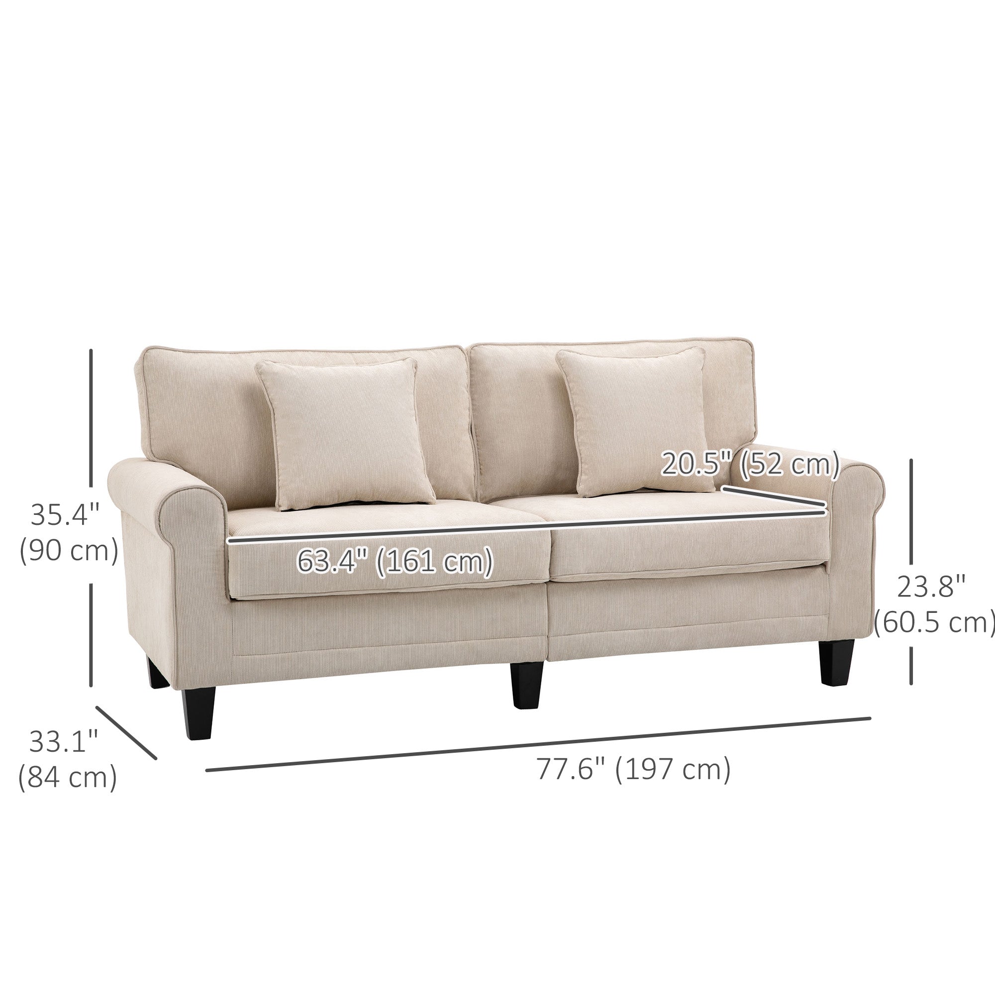 Modern 3 Seater Sofa, Corduroy Fabric 3 Seater Couch with Pine Wood Legs and Rolled Armrests for Living Room, Beige 3-Seater Sofas   at Gallery Canada