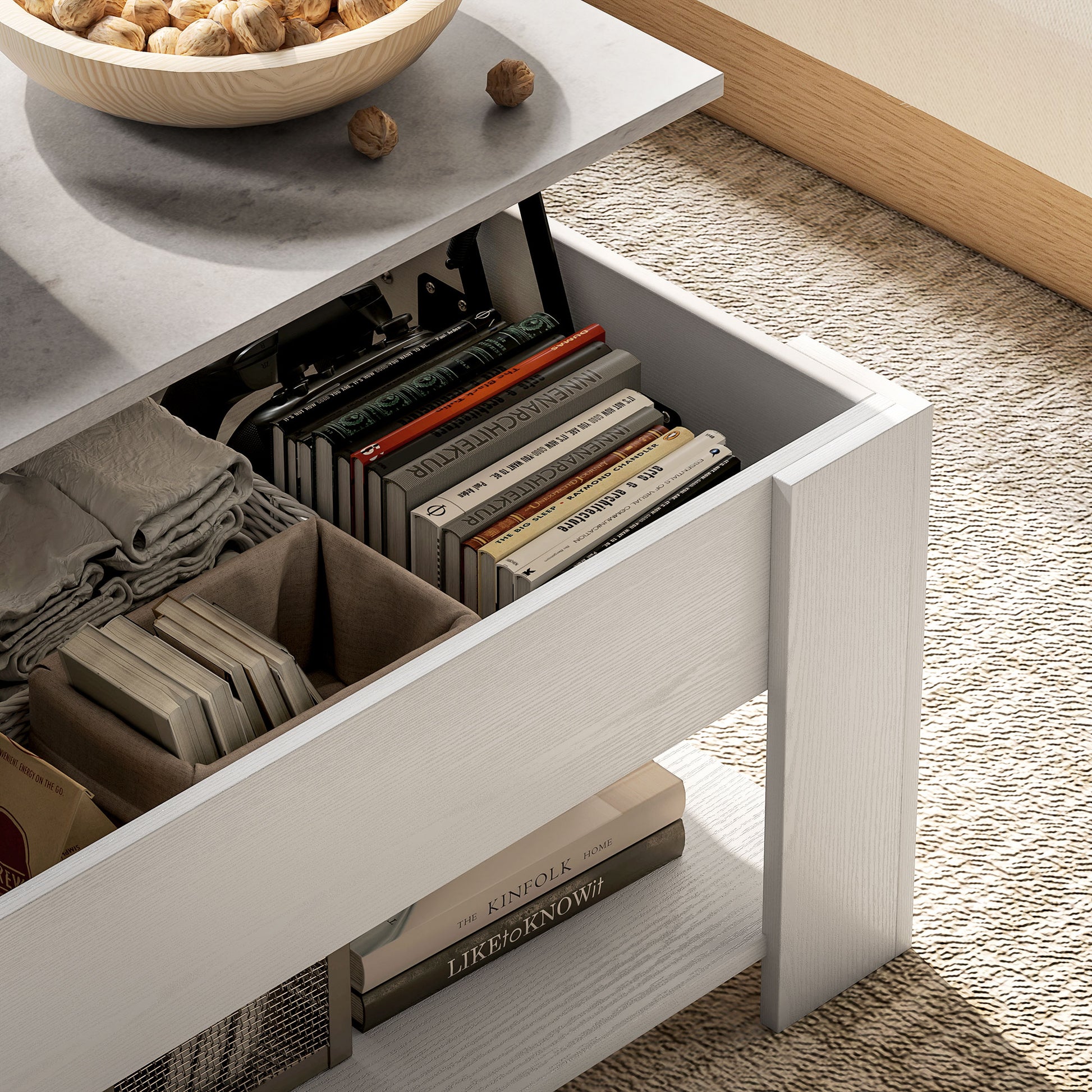 Lift Top Coffee Table with Hidden Storage Compartment and Open Shelf, Center Table for Living Room, White Coffee Tables   at Gallery Canada