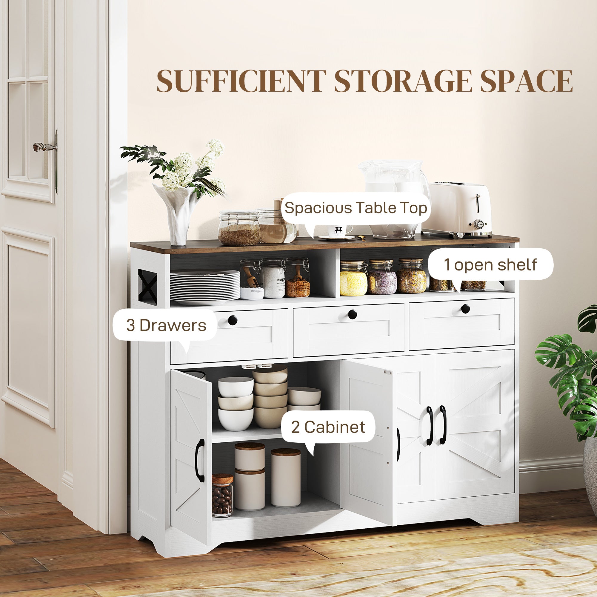 Sideboard, Buffet Cabinet with 4 Barn Doors and 3 Drawers, Coffee Bar Cabinet with Adjustable Shelves, White Storage Cabinets at Gallery Canada