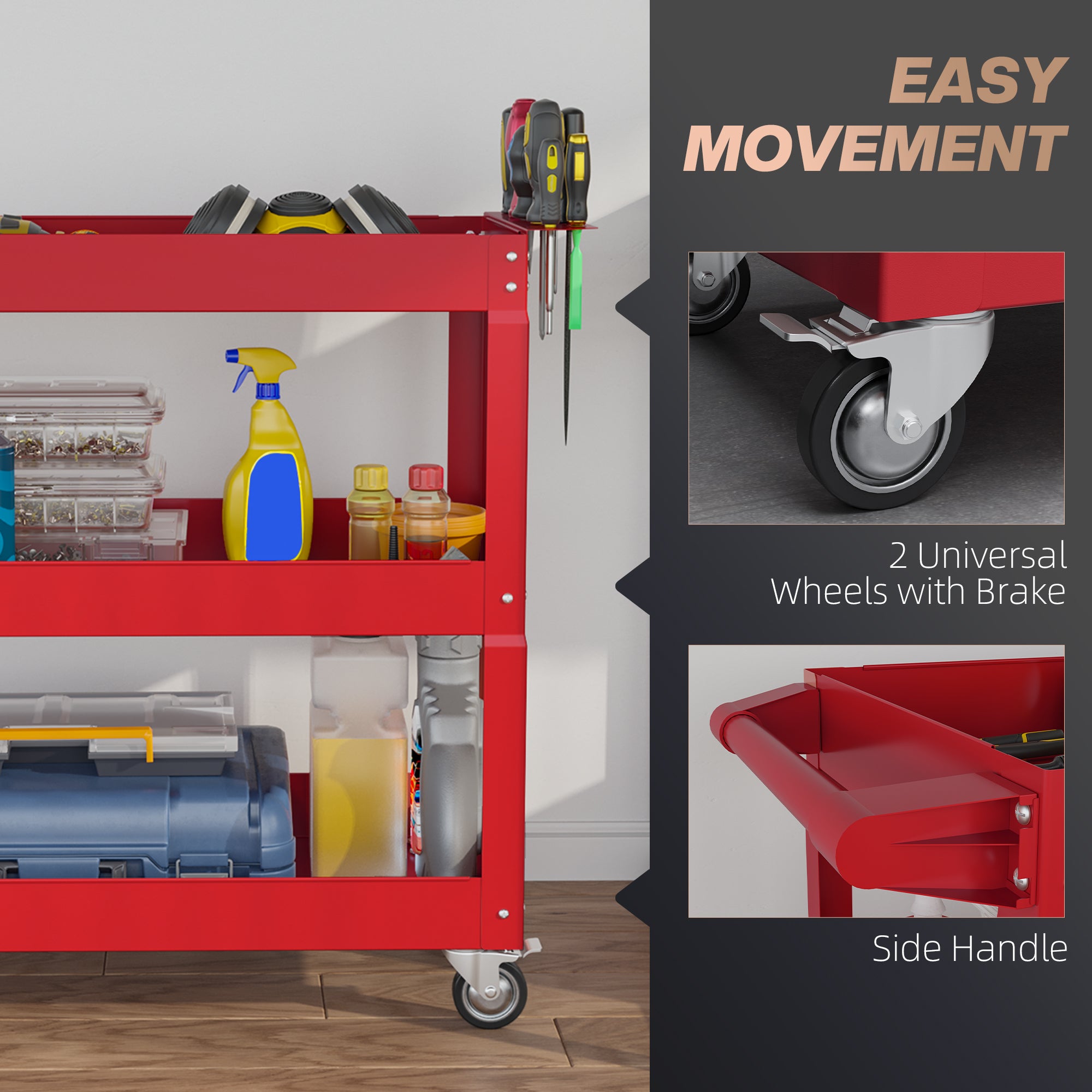 3 Tier Rolling Tool Cart with Wheels, 330 LBS Capacity Heavy Duty Utility Cart, Mobile Service Cart for Garage, Red Tool Organizers at Gallery Canada
