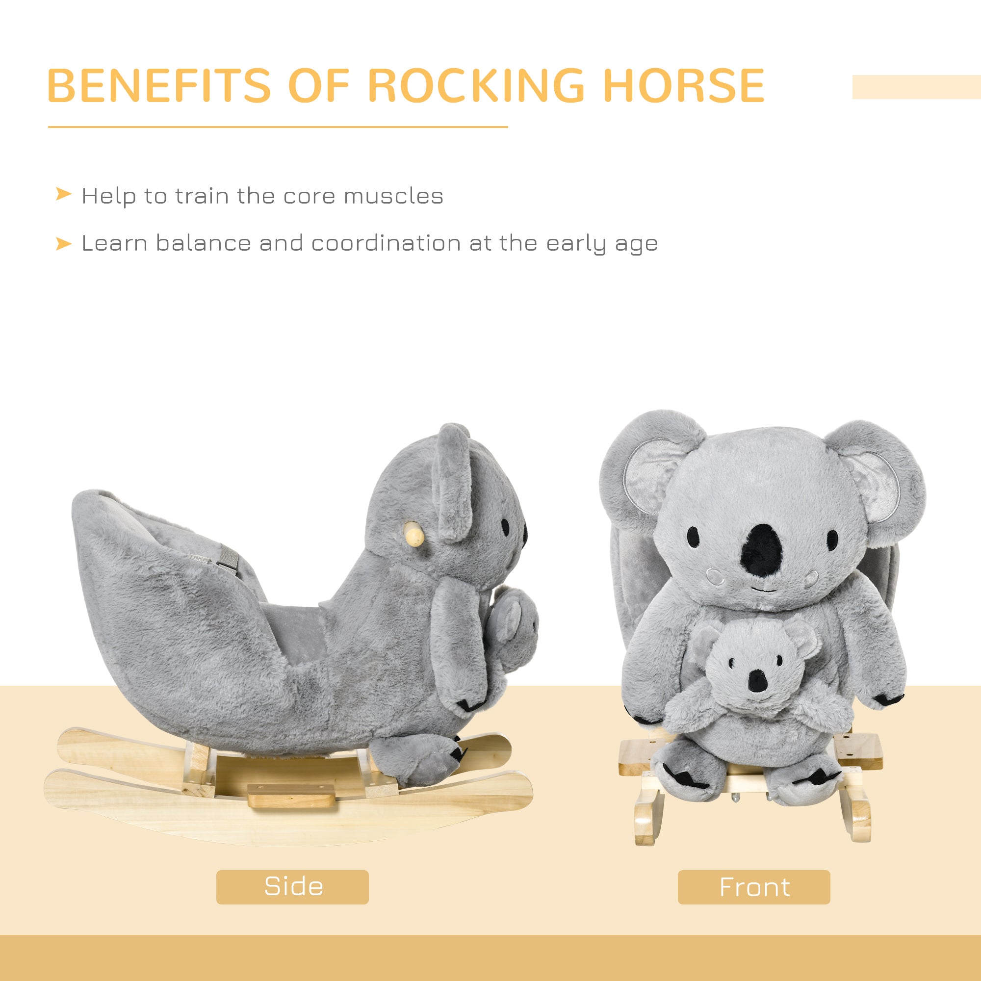Kids Plush Ride-On Rocking Horse Koala-shaped Plush Toy Rocker with Gloved Doll Realistic Sounds for Child 18-36 Months Grey Rocking Horses at Gallery Canada