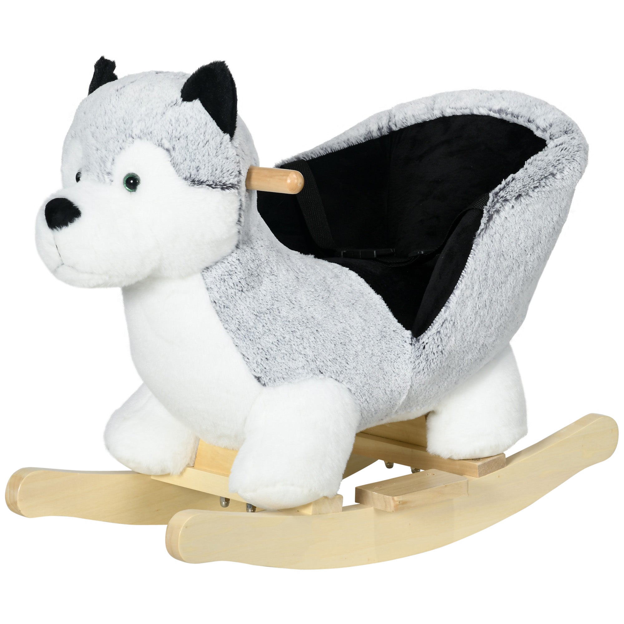 Kids Rocking Horse, Baby Rocker Chair Husky-Shaped Plush Ride on Toy with Realistic Sounds, Wooden Base, Seat Belt, for Children 18-36 Months, Grey Rocking Horses Grey, Black at Gallery Canada