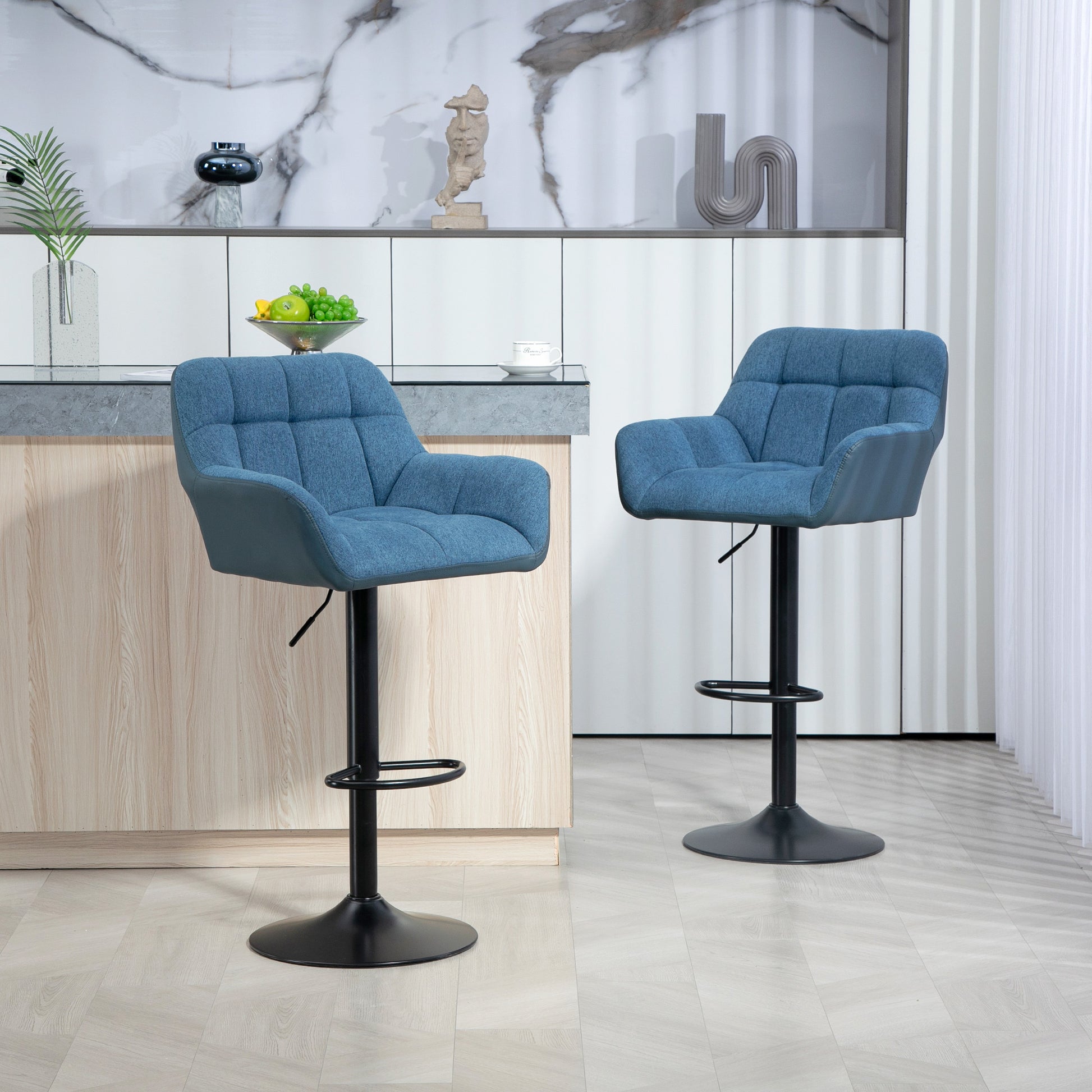 Swivel Barstools Set of 2 Adjustable Bar Stools with Footrest Armrests and PU Leather Back for Dining Room Dark Blue Bar Stools Dark Blue  at Gallery Canada