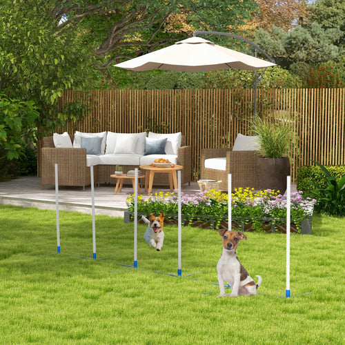 Adjustable Dog Agility Training Obstacle Set with Weaves Poles and Storage Bag for Pet Dogs Outdoor Games Exercise Blue and White