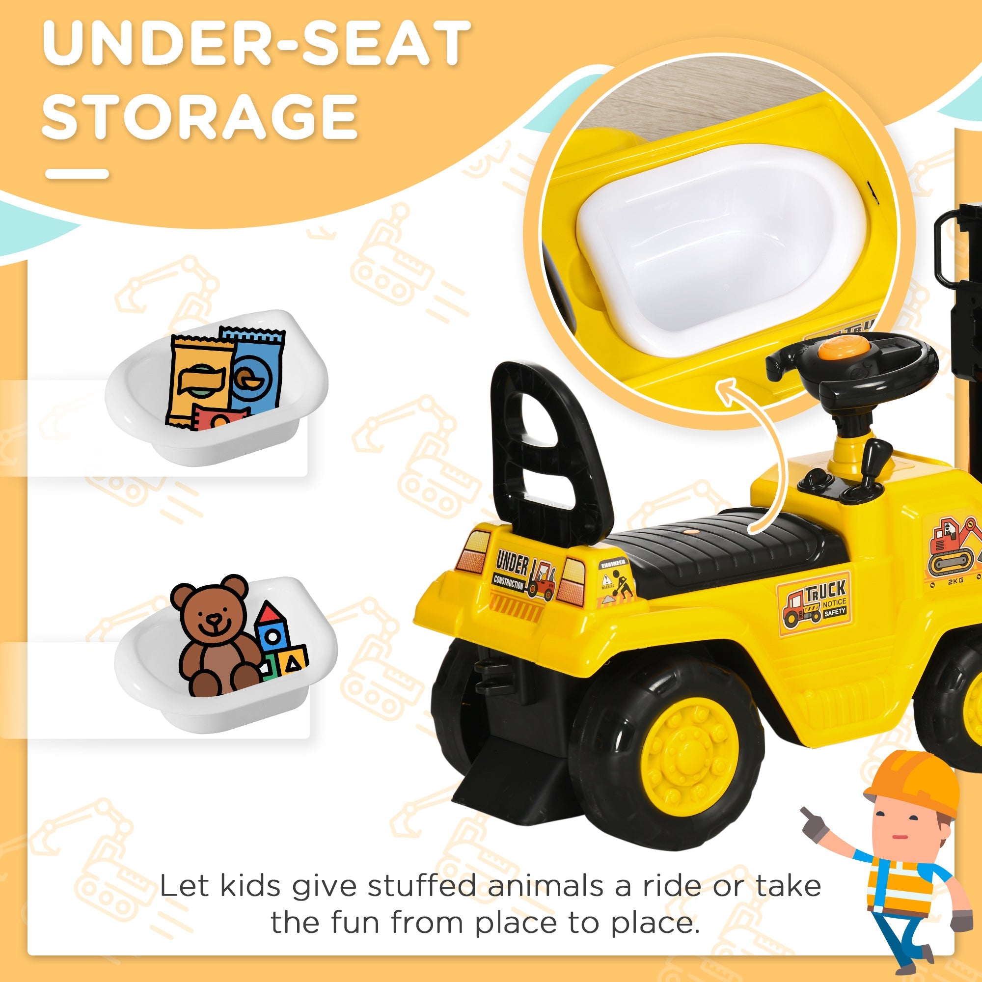 Ride On Forklift Toy No Power Construction Truck with Fork Tray Storage, for 3-4 Years Old, 33.9