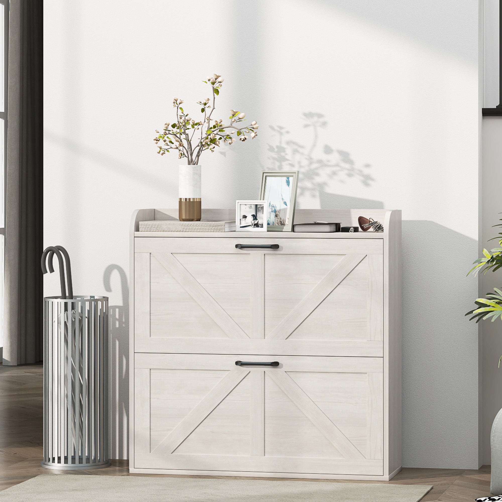 Narrow Shoe Storage Cabinet, Farmhouse Slim Shoe Cabinet with 2 Flip Drawers, Adjustable Shelves, White Oak Shoe Storage Cabinets & Racks at Gallery Canada