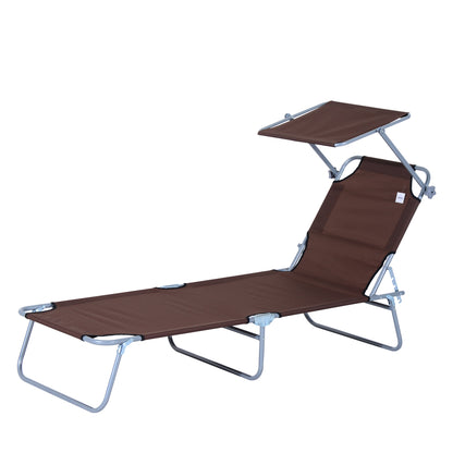 Outdoor Lounge Chair, Adjustable Folding Chaise Lounge, Tanning Chair with Sun Shade for Beach, Camping, Hiking, Backyard, Brown Lounger Chairs   at Gallery Canada