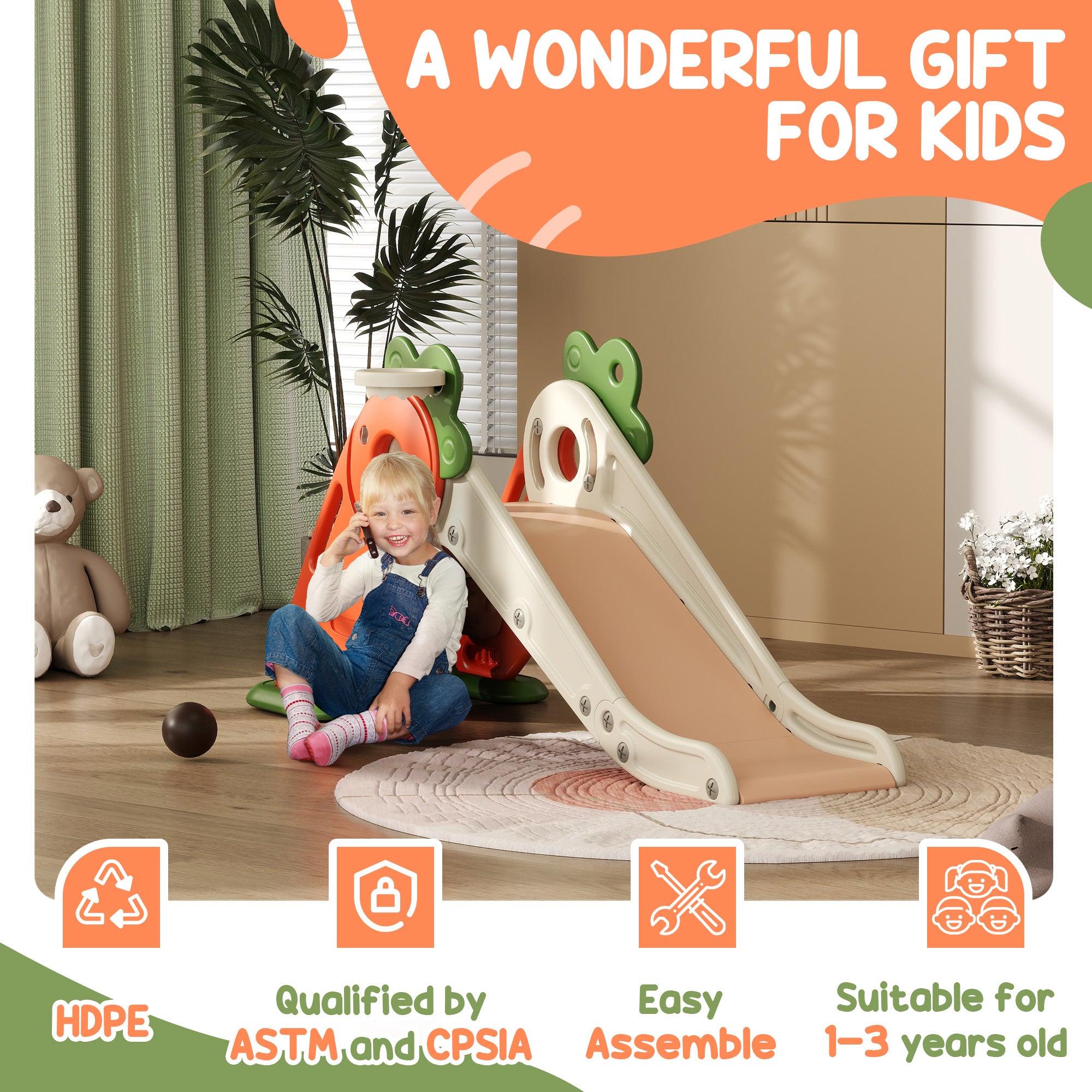 3 in 1 Foldable Toddler Slide with Basketball Hoop, Climber, for 1-3 Years Old, Orange Gym Sets & Swings at Gallery Canada