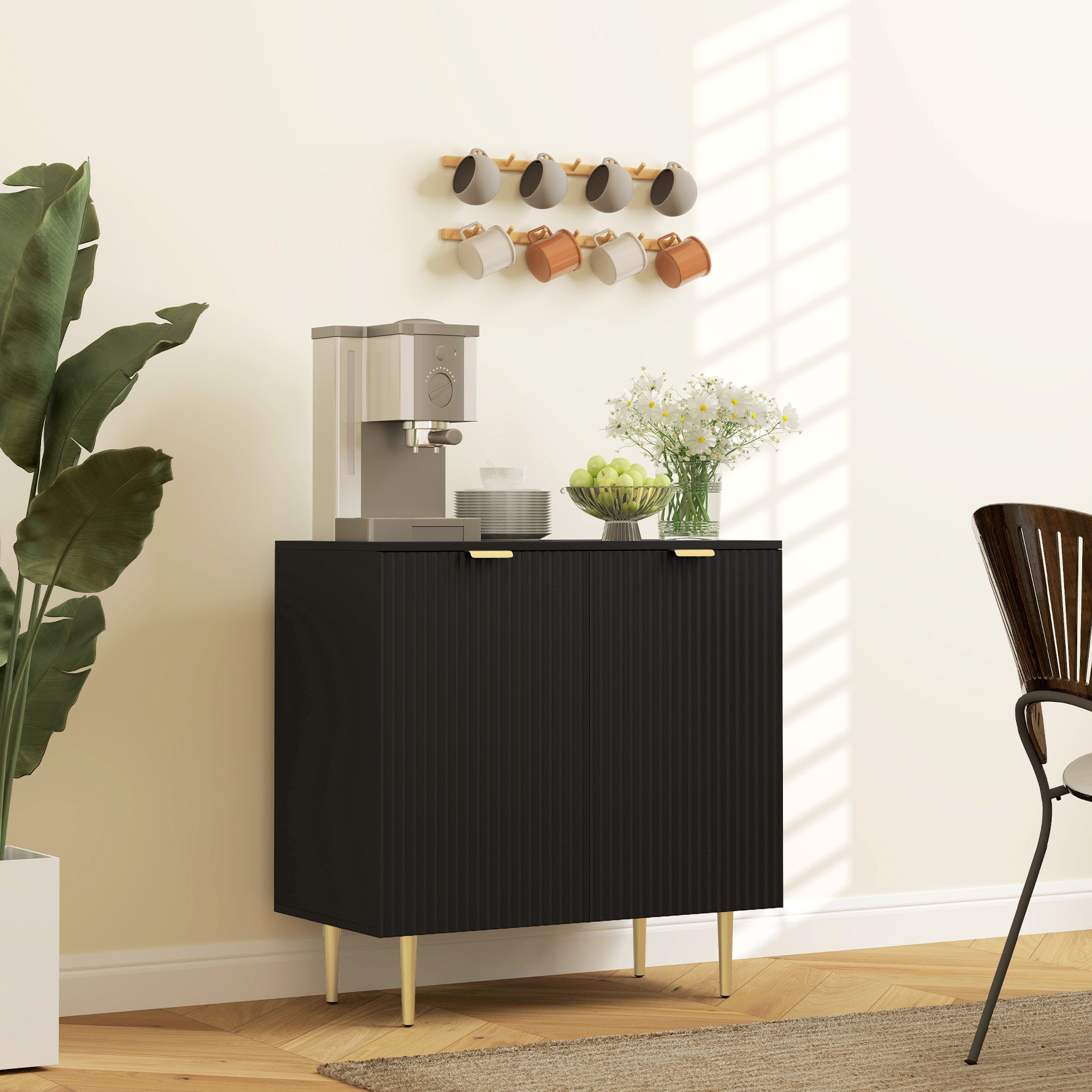 Modern Kitchen Storage Cabinet, Sideboard Buffet Cabinet with Adjustable Shelves and Metal Legs for Kitchen, Black Bar Cabinets   at Gallery Canada