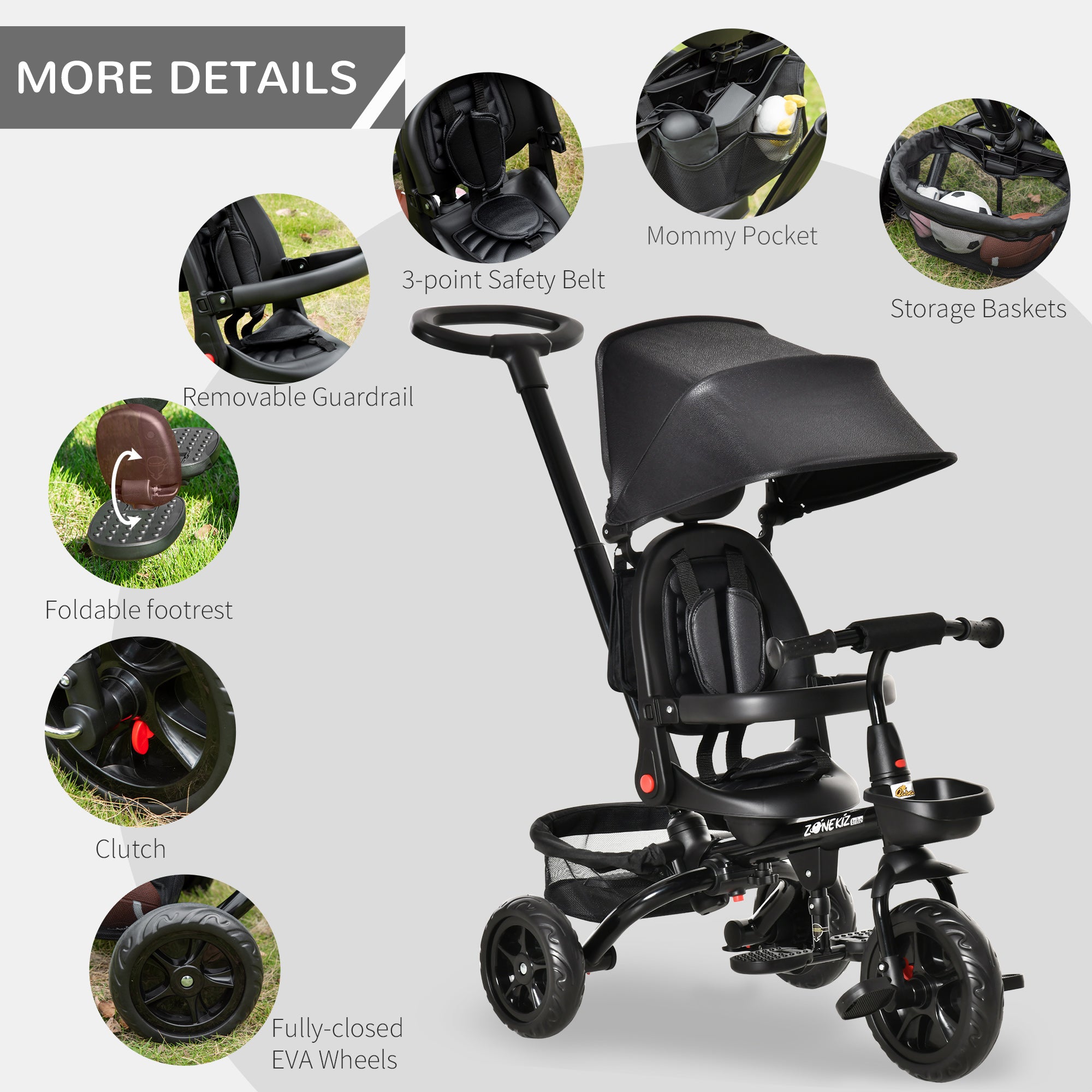 Baby Tricycle 4 In 1 Trike w/ Reversible Angle Adjustable Seat Removable Handle Canopy Handrail Belt Storage Footrest Brake Clutch for 1-5 Years Old Black Tricycles for Kids at Gallery Canada
