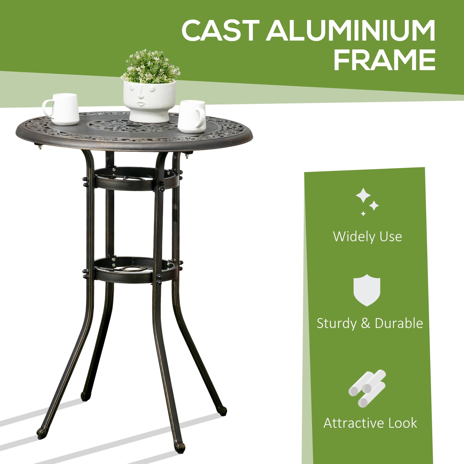 Ф31.5" Round Garden Bar Table, Cast Aluminum Frame Patio Bar Height Desk w/ Umbrella Hole for Patio, Garden, Balcony, Bronze Patio Dinning Tables   at Gallery Canada