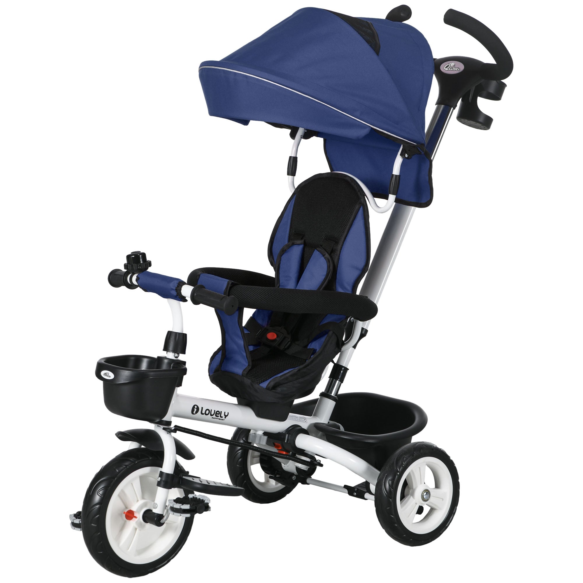 6 in 1 Toddler Tricycle with Parent Push Handle, Canopy, Storage Baskets, Cupholder, Dark Blue Tricycles for Kids   at Gallery Canada