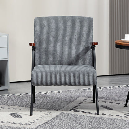 Modern Armchair, Upholstered Corduroy Accent Chair with Wood Arms and Steel Frame for Living Room, Bedroom, Grey Accent Chairs   at Gallery Canada