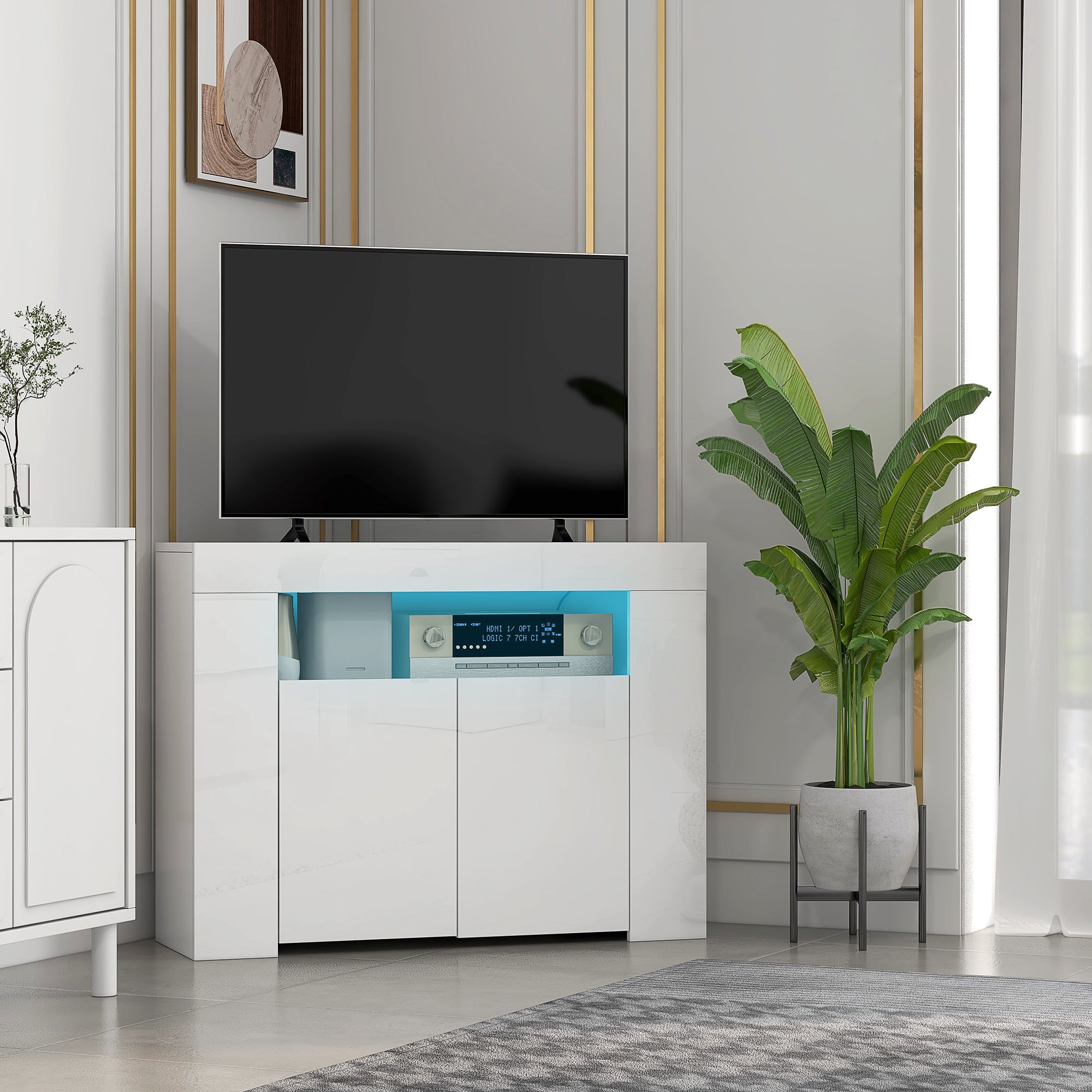 Corner TV Cabinet for 40 inches with LED Lights, High Gloss TV Stand with Cable Management and Open Shelf, White TV Stands   at Gallery Canada