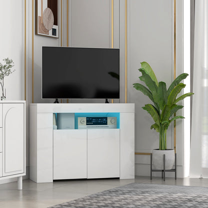 Corner TV Cabinet for 40 inches with LED Lights, High Gloss TV Stand with Cable Management and Open Shelf, White TV Stands   at Gallery Canada