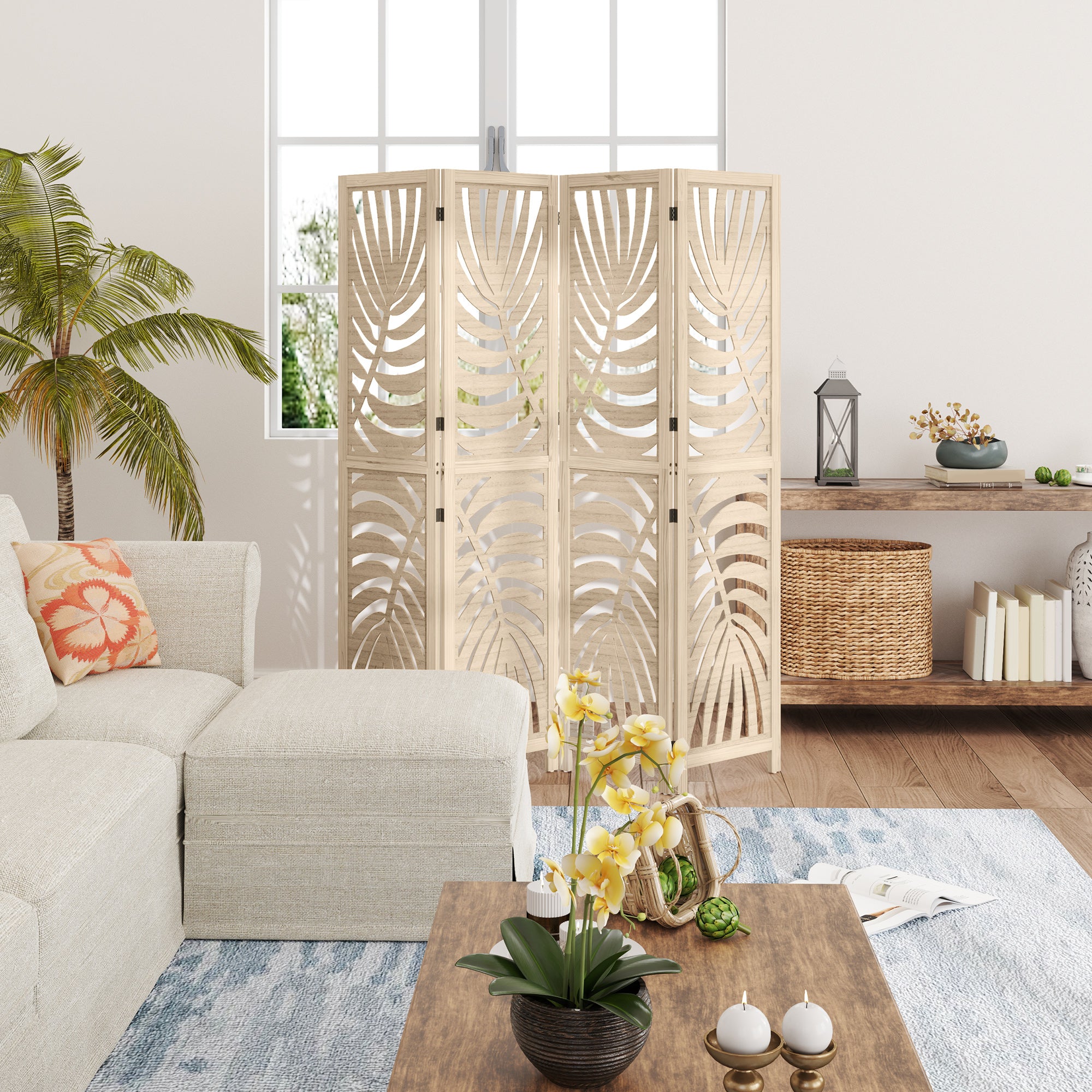 4 Panel Room Divider, Detachable Folding Privacy Screens with Palm Leaf Design for Home Office, Natural Wood Finish Room Dividers at Gallery Canada