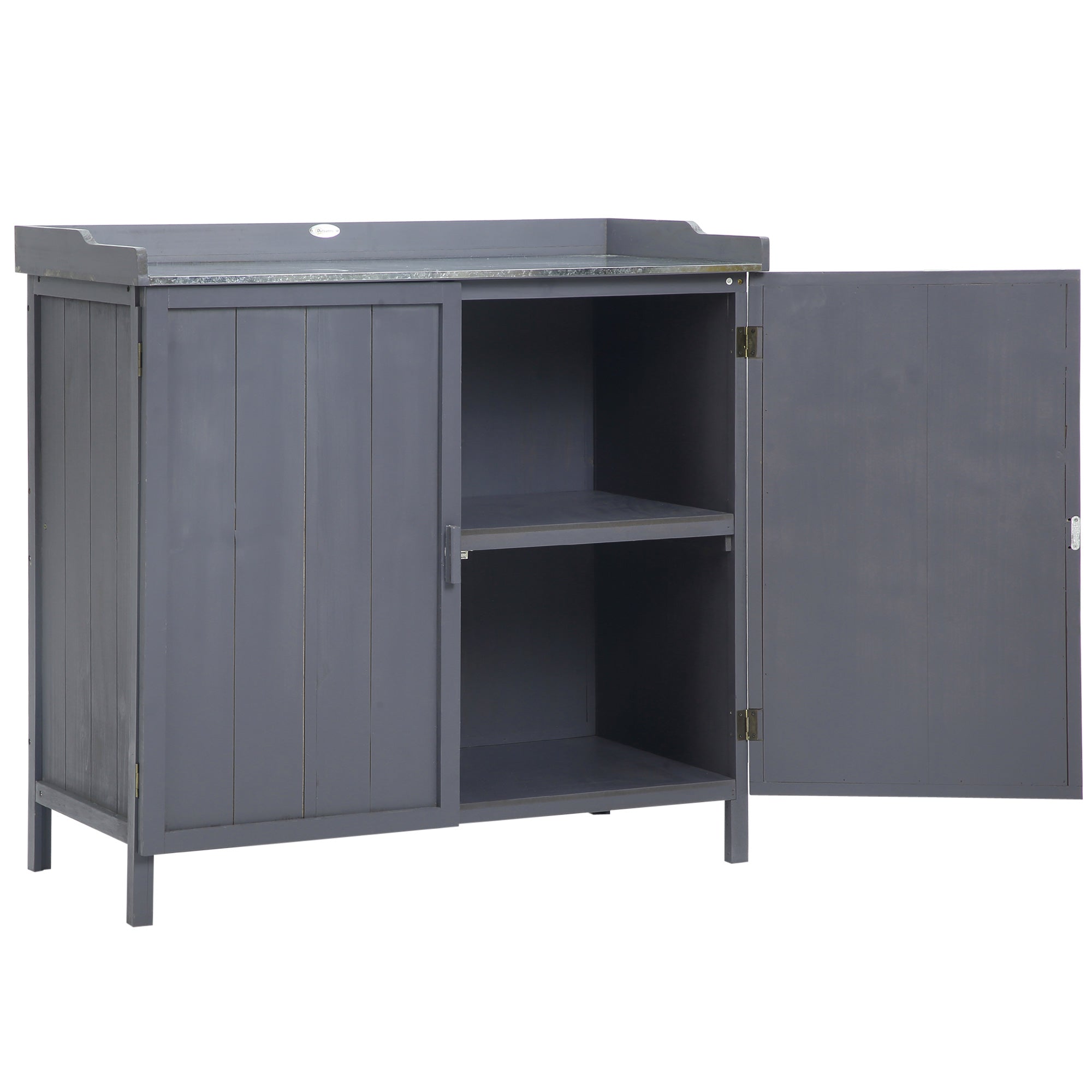 Garden Storage Cabinet, Outdoor Potting Bench Table with Galvanized Top and Shelf, Tool Shed with Double Doors, Grey Sheds Grey at Gallery Canada