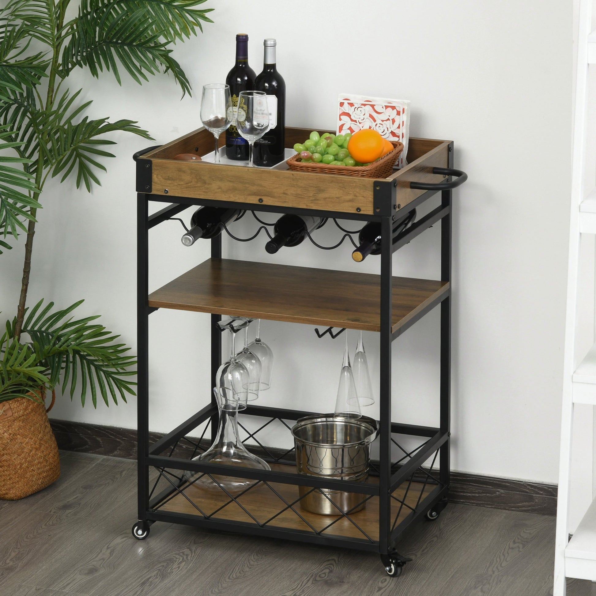 Retro Industrial Bar Serving Cart Rolling Kitchen Island Storage Utility Trolley with 5-bottle Wine Rack &; Serving Tray - Gallery Canada