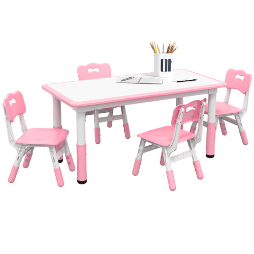 Kids Table and Chair Set with 4 Chairs, Adjustable Height, Easy to Clean, for 1.5 - 5 Years Old, Pink