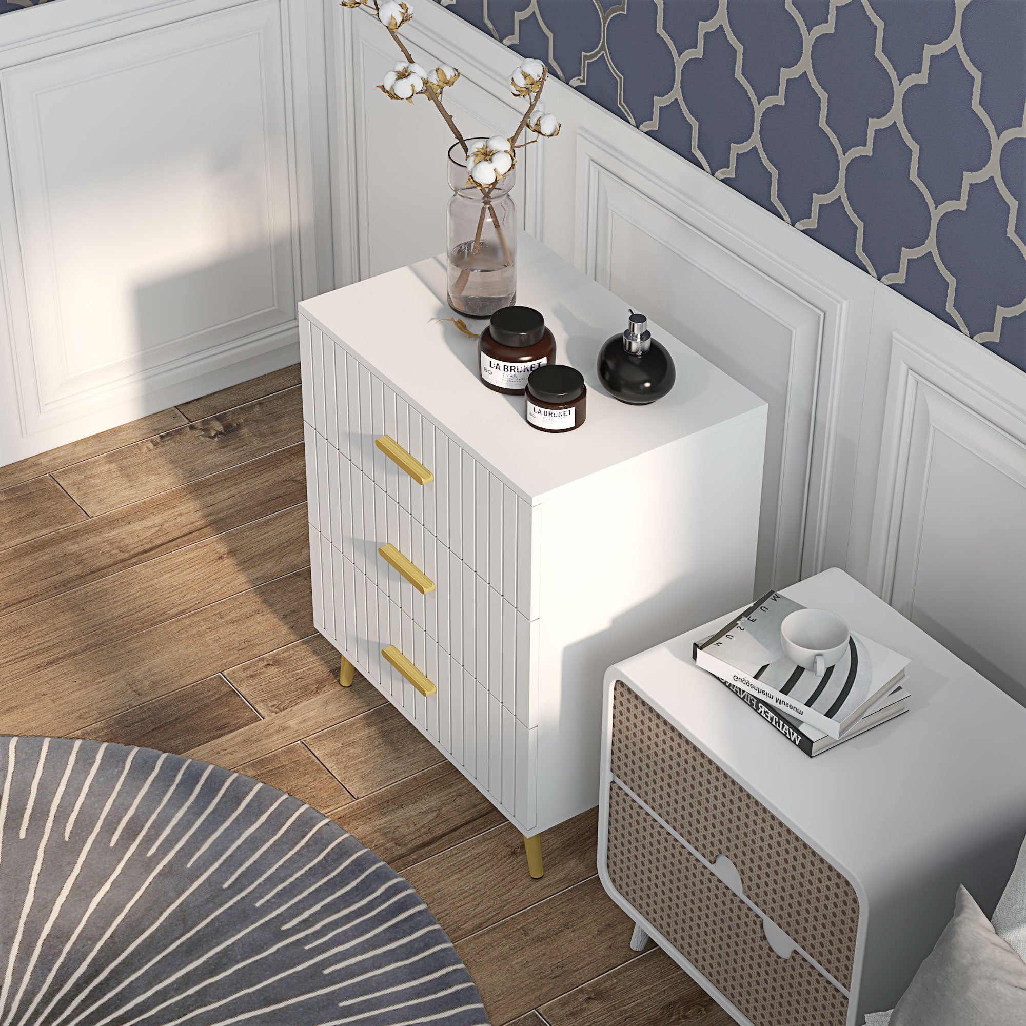 3 Drawer Cabinet, Drawer Chest for Bedroom, Chest of Drawers with Aluminium Legs and Gold Handles, White Storage Cabinets   at Gallery Canada