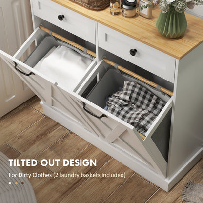 Tilt Out Laundry Cabinet, Bathroom Storage Cabinet with 2 Removable Baskets and 2 Drawers, White Bathroom Cabinets   at Gallery Canada