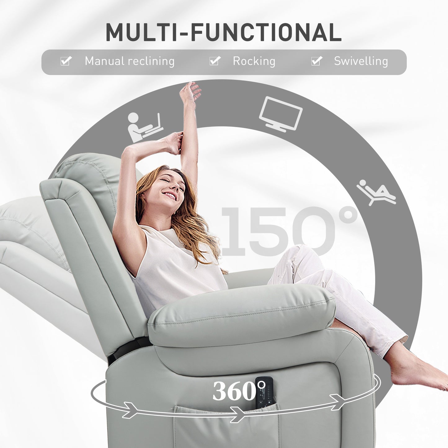 PU Leather Reclining Chair with Vibration Massage Rocker, Swivel Base, Rocking Function, Remote Control, Light Grey Sofas & Reclining Chairs at Gallery Canada