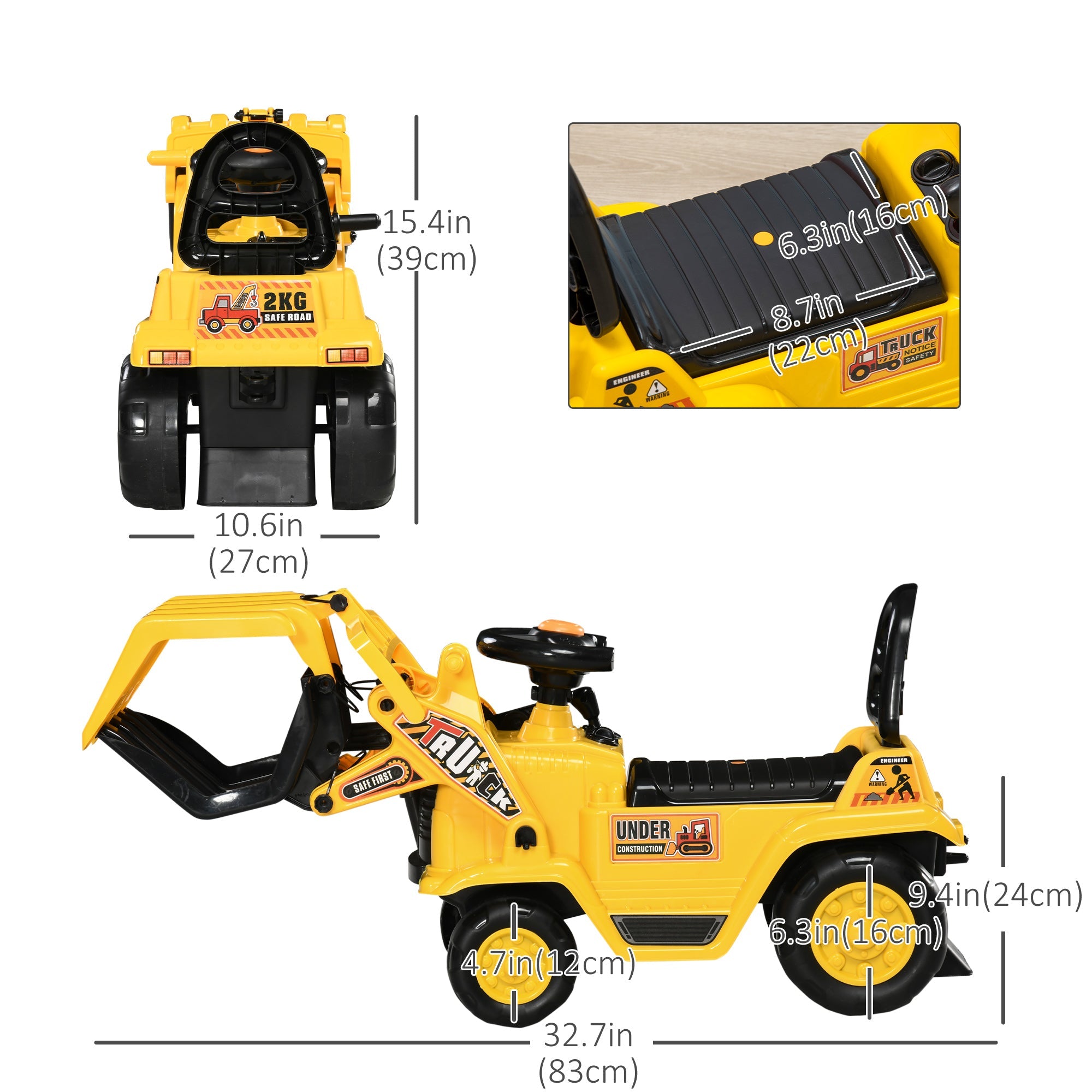 Ride On Excavator Toy No Power Digger with Realistic Sound Grabber Storage, for 3-4 Years Old, 32.7