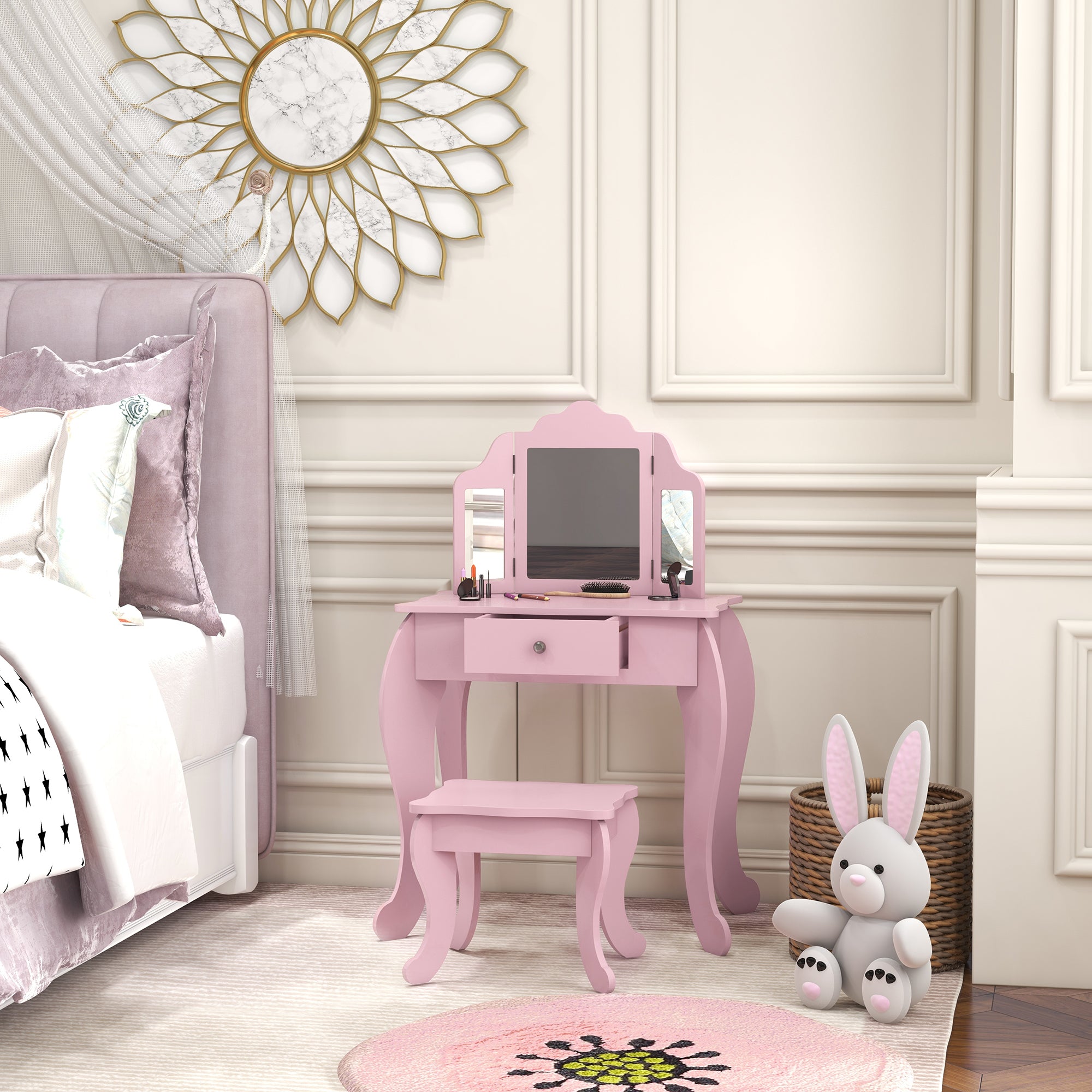 Kids Vanity Table and Stool, Makeup Vanity Girls Dressing Table Set with Tri-folding Mirrors Drawer Star and Heart Pattern, Pink Kids Bedroom Furniture at Gallery Canada