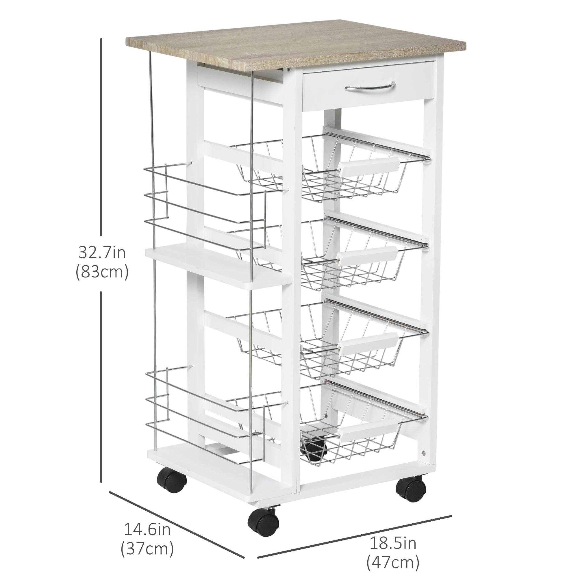 Rolling Kitchen Cart, Utility Storage Cart with 4 Baskets, Drawer, Side Racks, Wheels for Dining Room, Natural and White Kitchen Islands & Kitchen Carts   at Gallery Canada