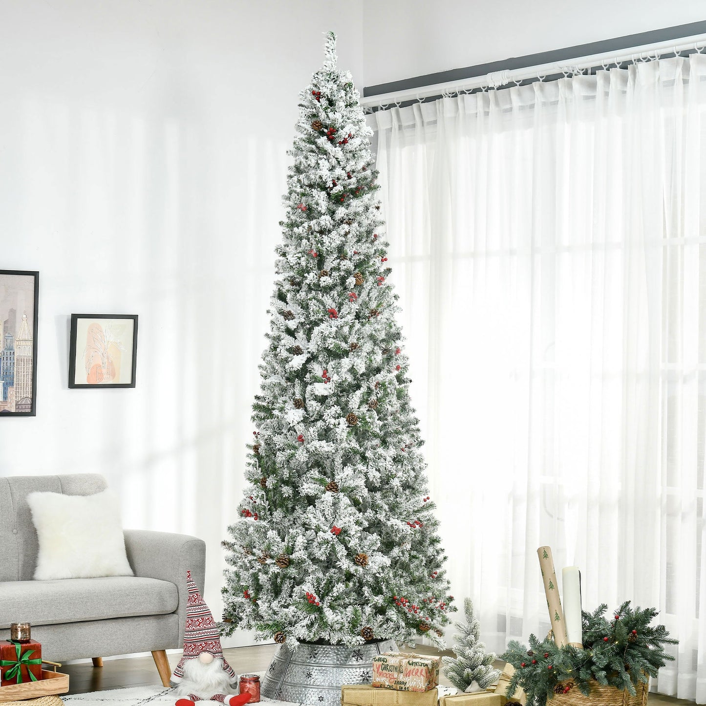 9-foot Pencil Snow Flocked Artificial Christmas Tree with 1350 Pine Realistic Branches, Pine Cones, Red Berries, Auto Open, Green Pencil Christmas Trees   at Gallery Canada