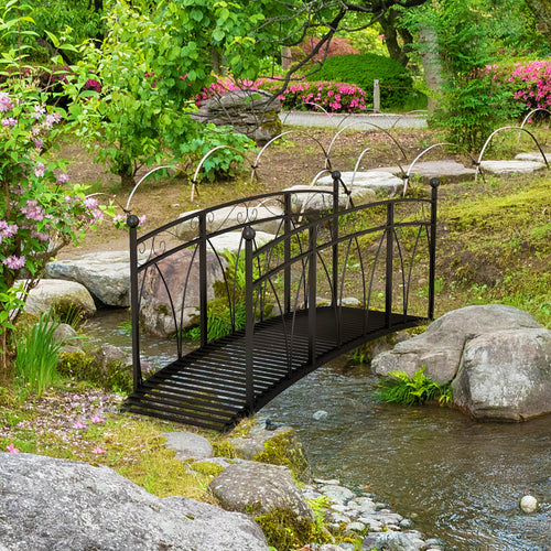 8' Metal Arch Garden Bridge Arc Footbridge with Guardrails and Decorative Scrollwork, Black