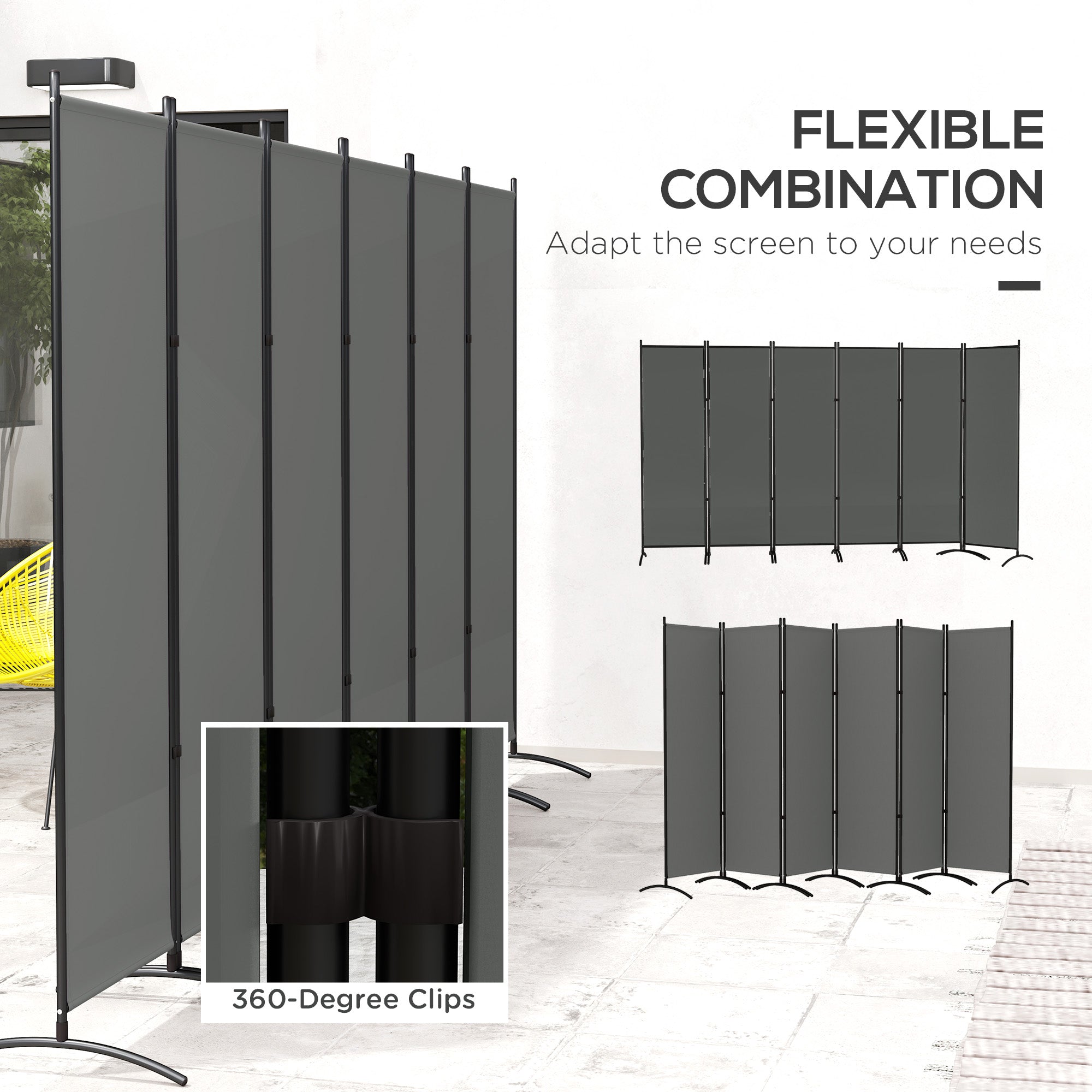 6 Panel Folding Room Divider, UV30+ Privacy Screen, Indoor Outdoor Privacy Panel with Stable Base, Dark Grey Side Awnings at Gallery Canada