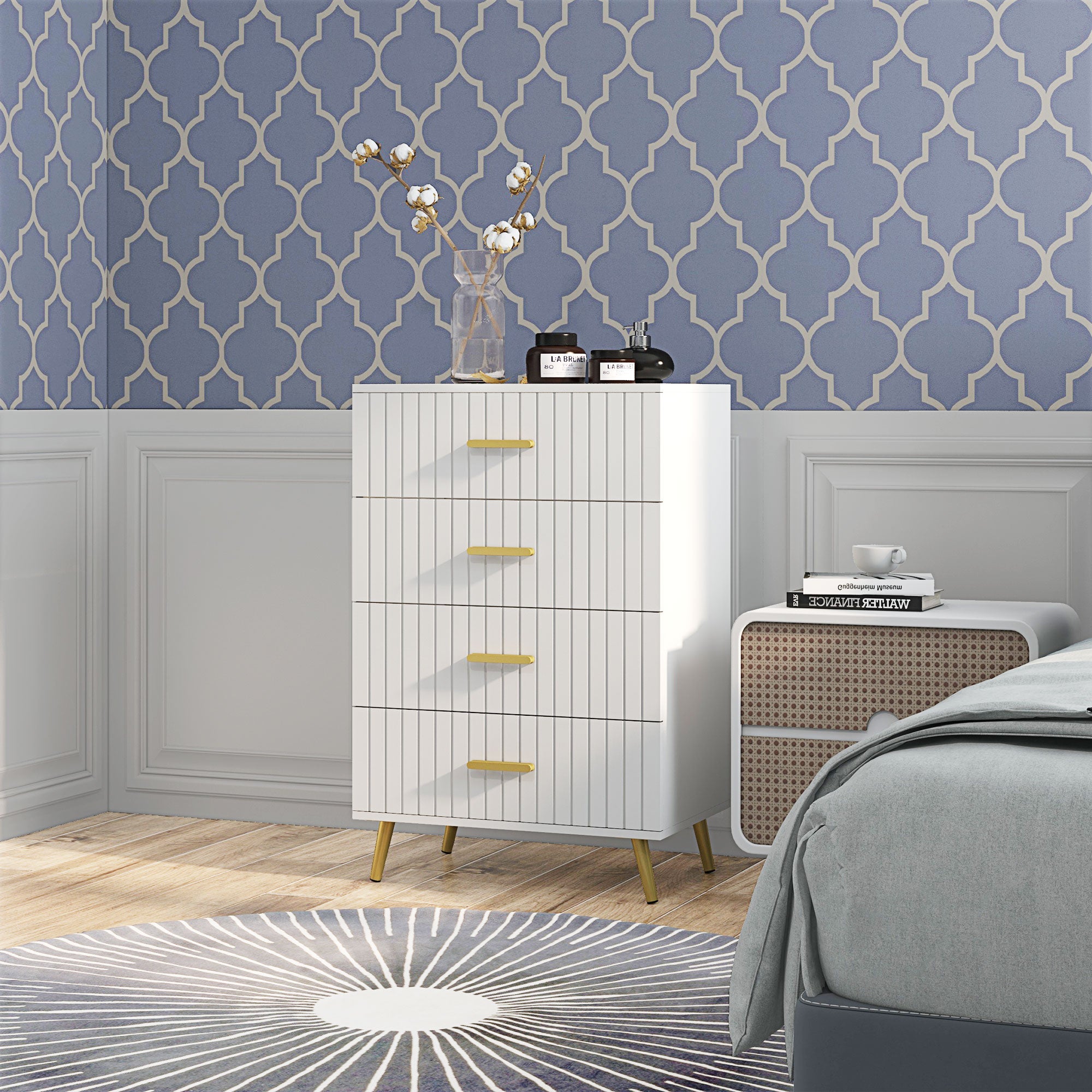 4 Drawer Cabinet, Drawer Chest for Bedroom, Chest of Drawers with Aluminium Legs and Gold Handles, White Storage Cabinets Multi Colour  at Gallery Canada