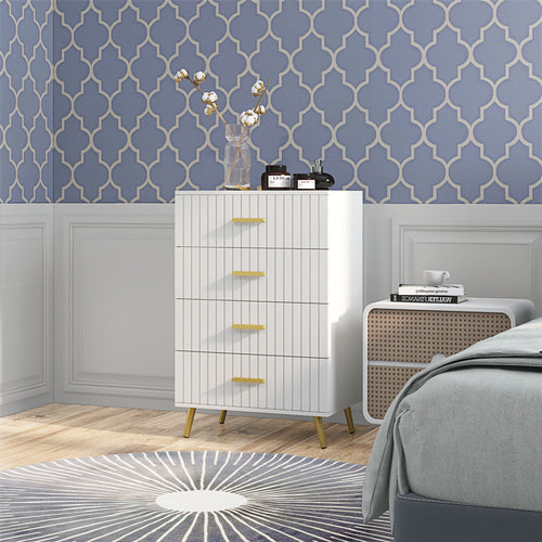 4 Drawer Cabinet, Drawer Chest for Bedroom, Chest of Drawers with Aluminium Legs and Gold Handles, White